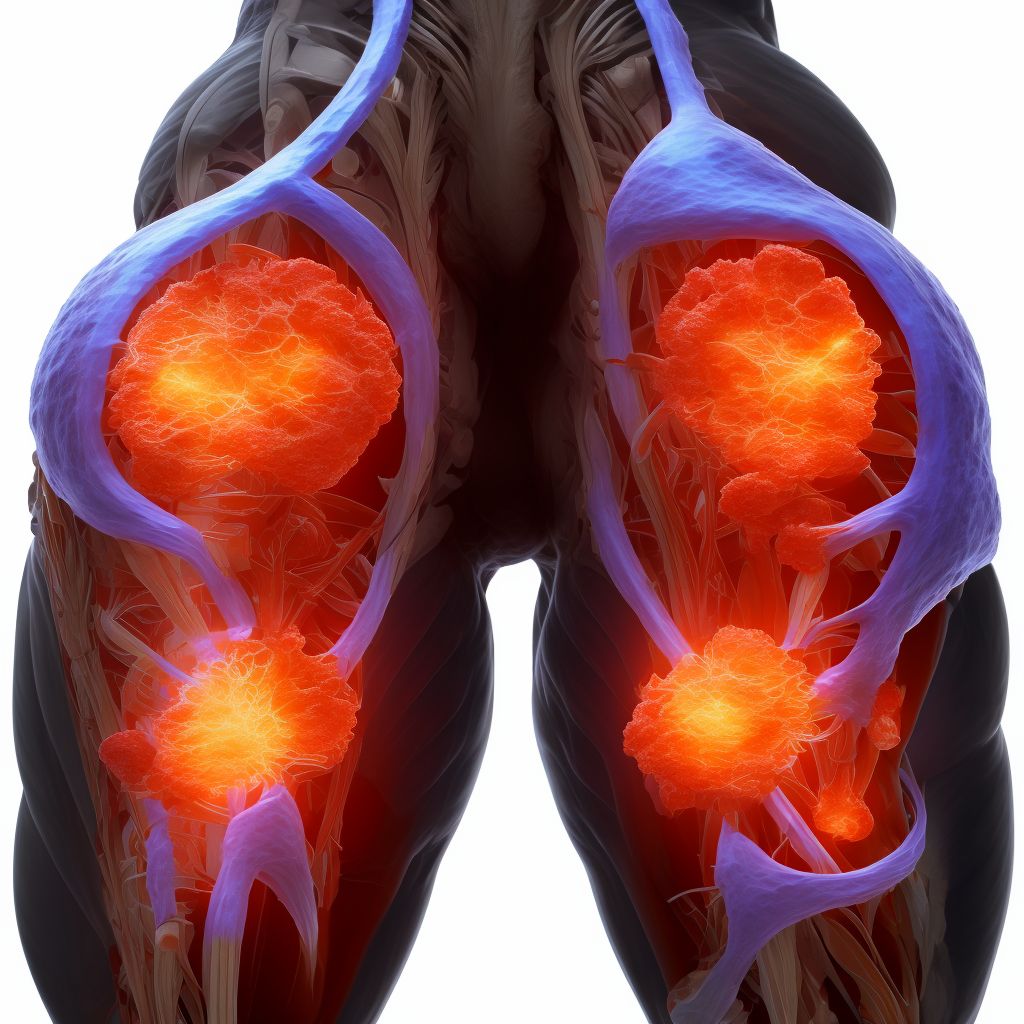 Laceration of unspecified muscles, fascia and tendons at thigh level, left thigh, sequela digital illustration