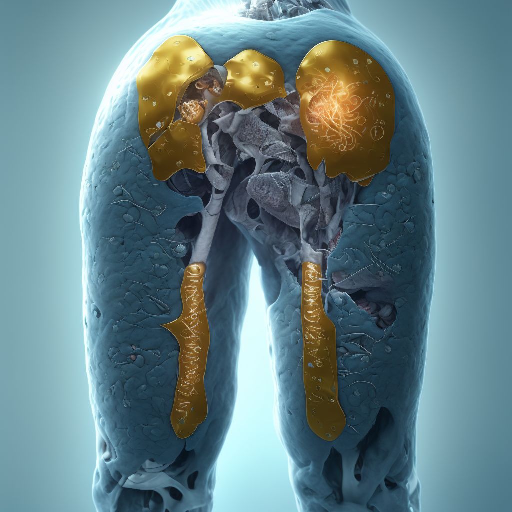 Complete traumatic amputation at knee level, unspecified lower leg, subsequent encounter digital illustration