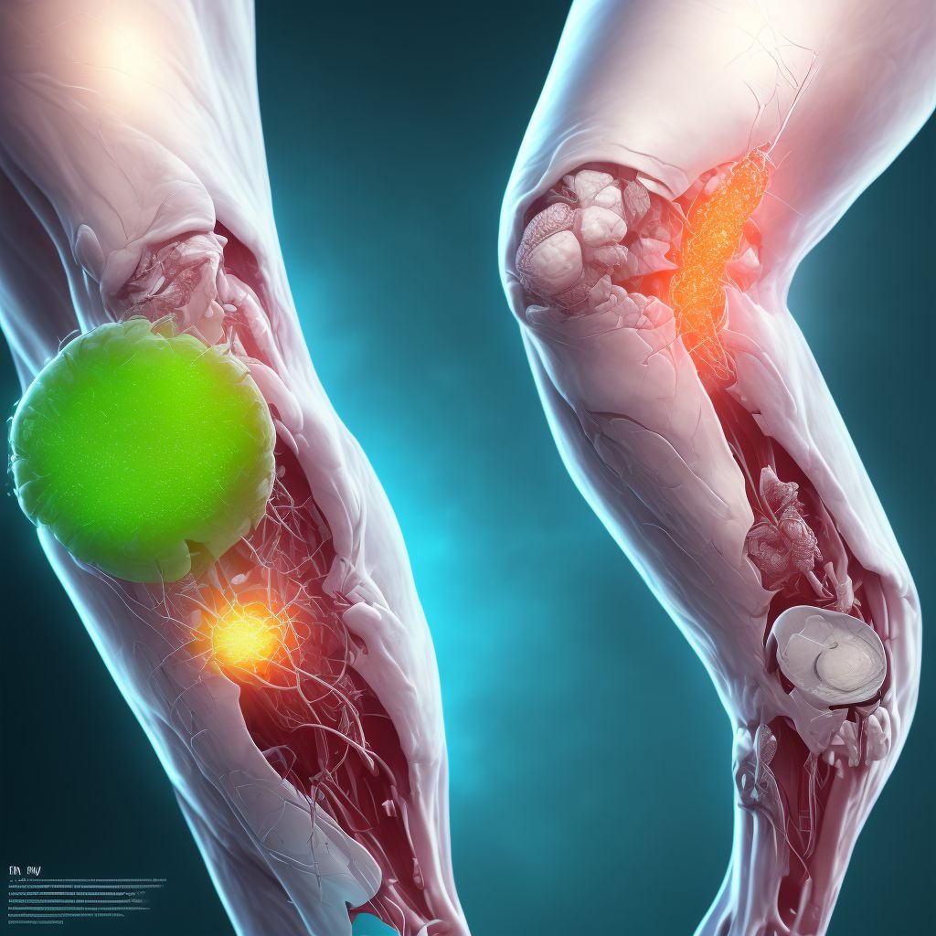 Partial traumatic amputation at knee level, right lower leg, subsequent encounter digital illustration