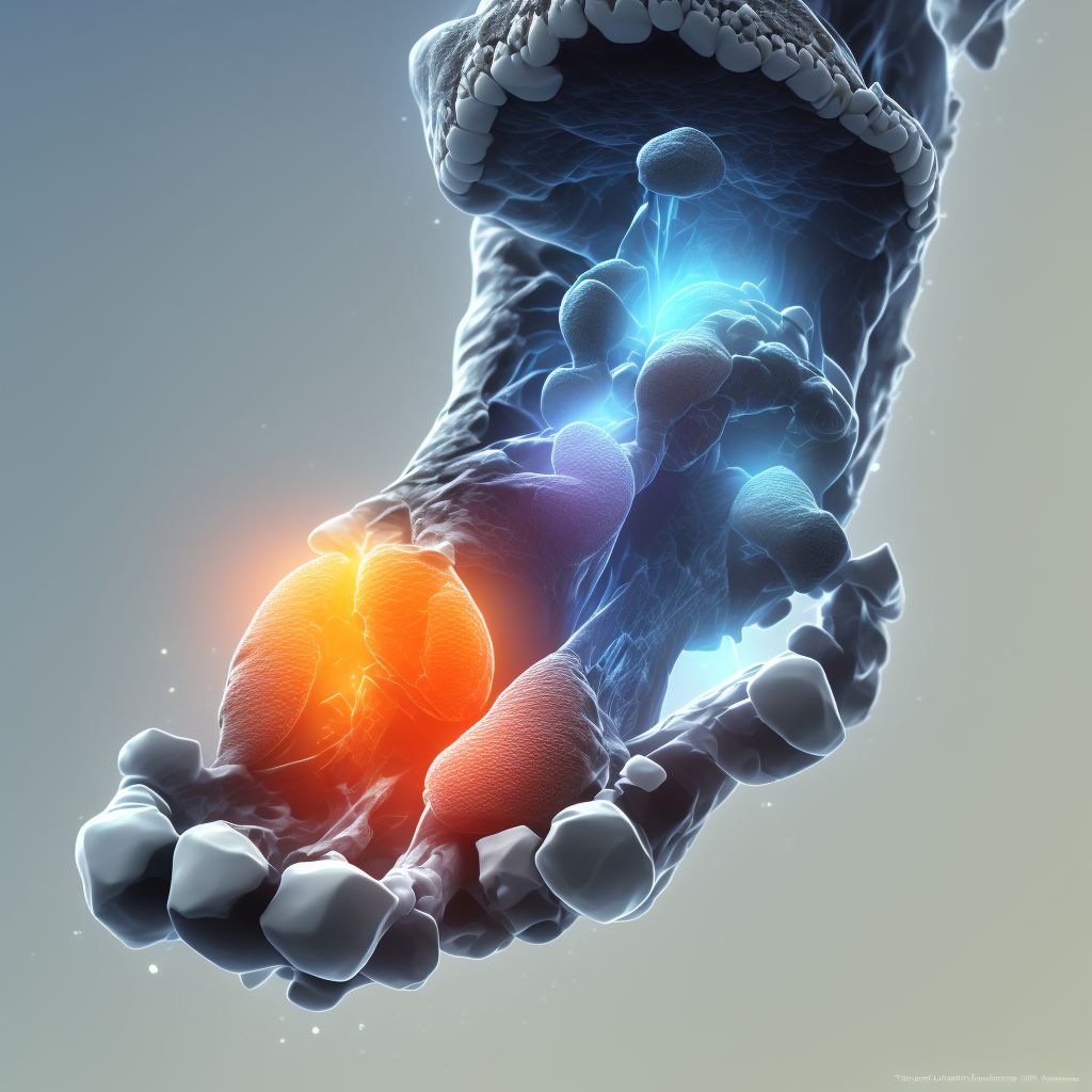 Displaced fracture of first metatarsal bone, right foot, subsequent encounter for fracture with delayed healing digital illustration