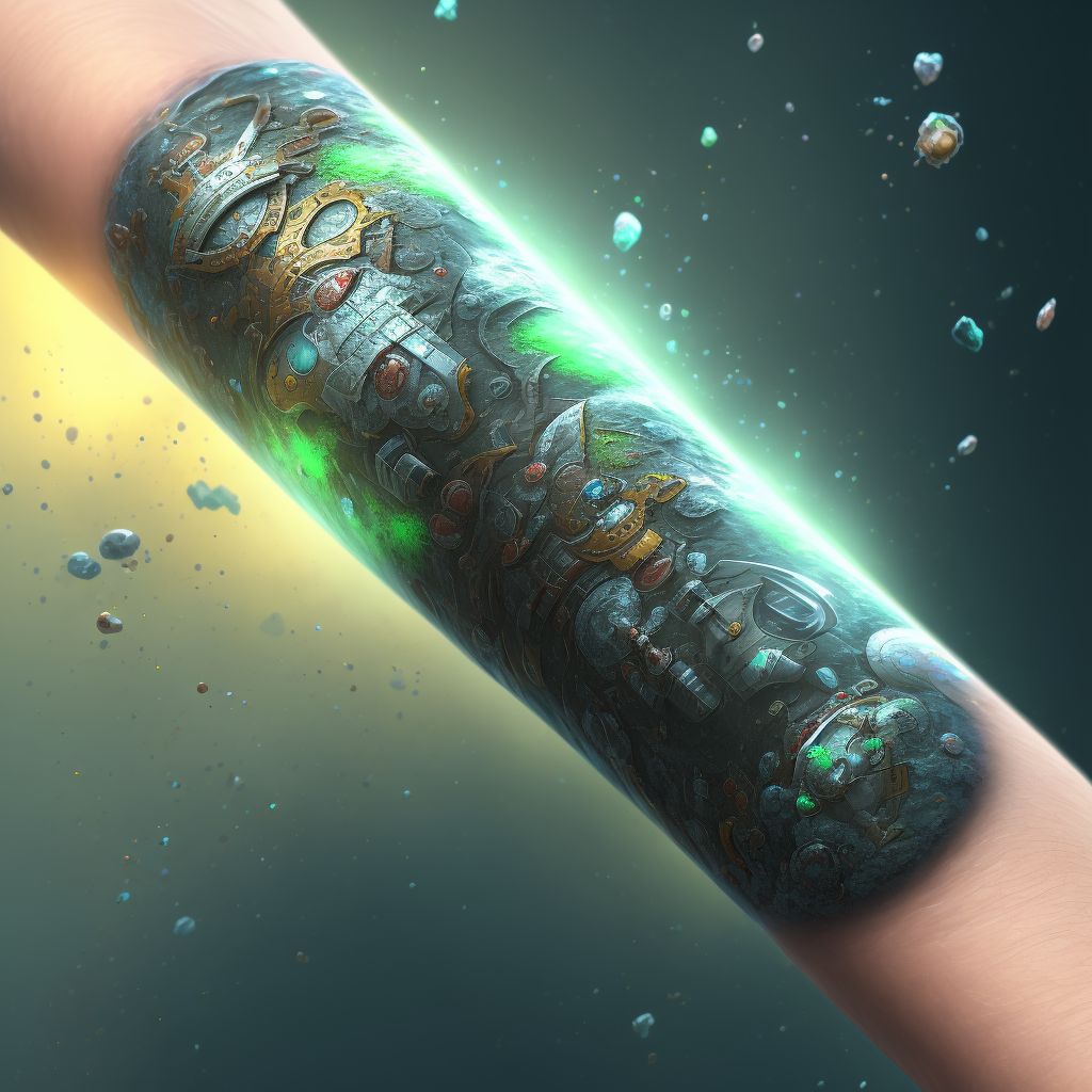 Corrosion of second degree of right upper arm, subsequent encounter digital illustration