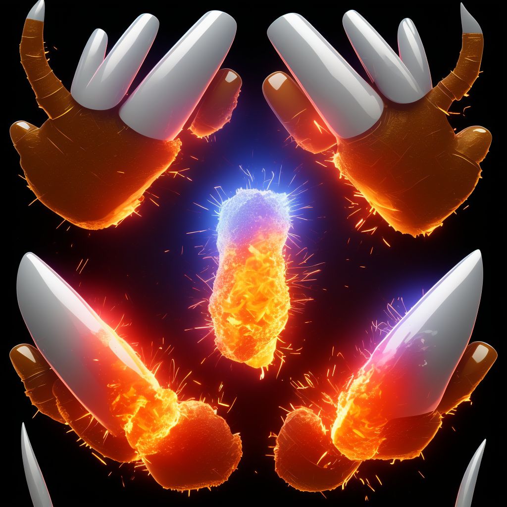 Burn of first degree of unspecified multiple fingers (nail), including thumb, initial encounter digital illustration