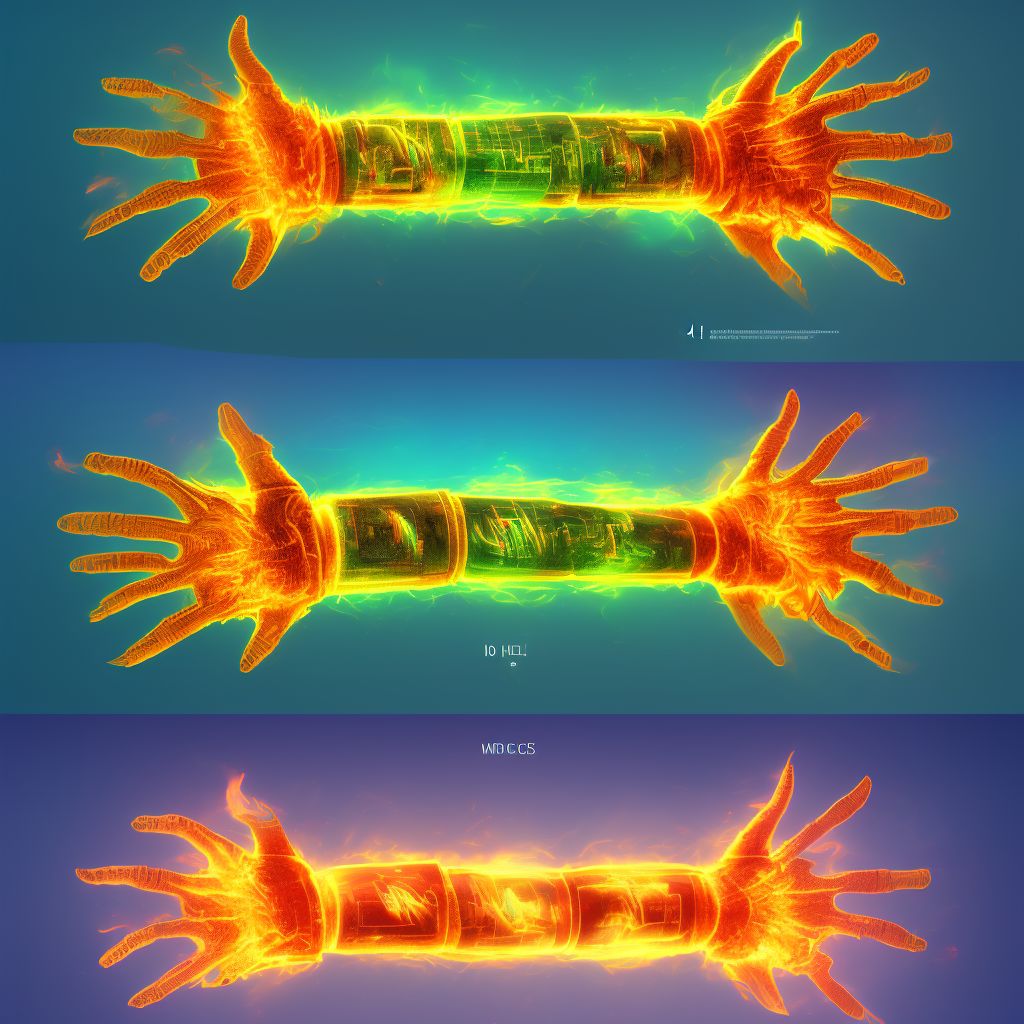 Burn of second degree of multiple sites of right wrist and hand, subsequent encounter digital illustration