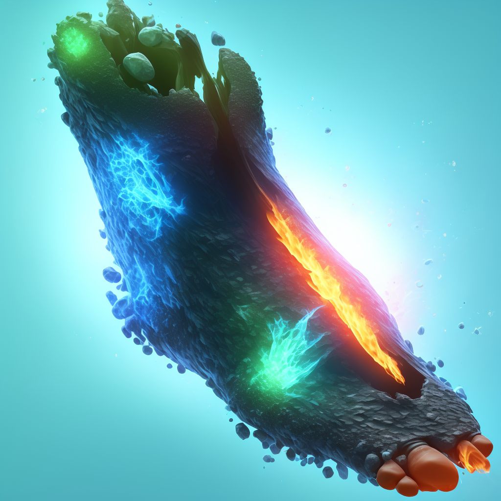 Burn of unspecified degree of left foot, sequela digital illustration