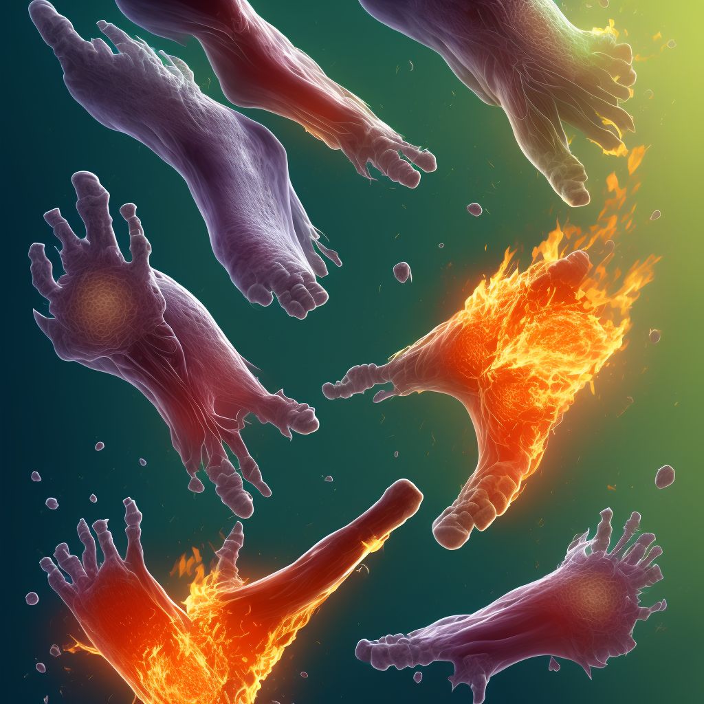 Burn of second degree of unspecified foot, sequela digital illustration