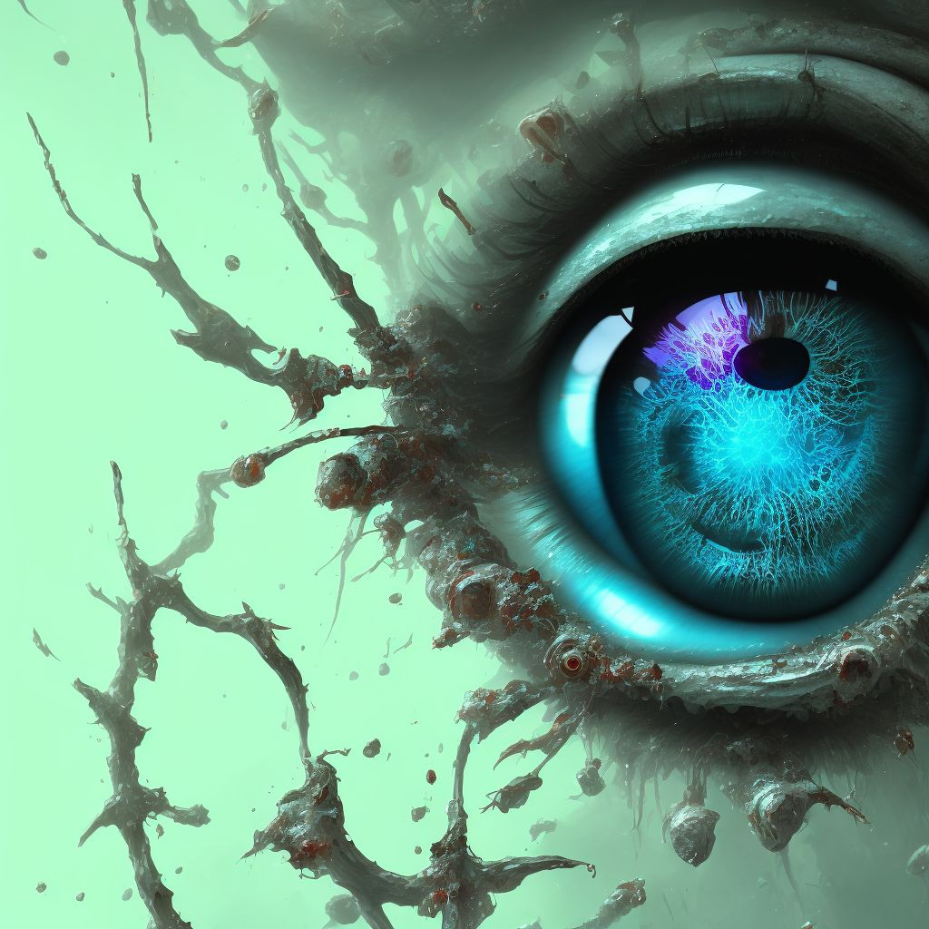 Corrosion of cornea and conjunctival sac, right eye, sequela digital illustration