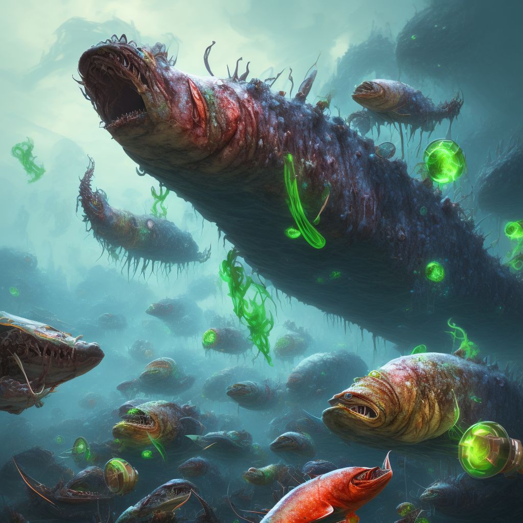 Toxic effect of other seafood, assault, subsequent encounter digital illustration