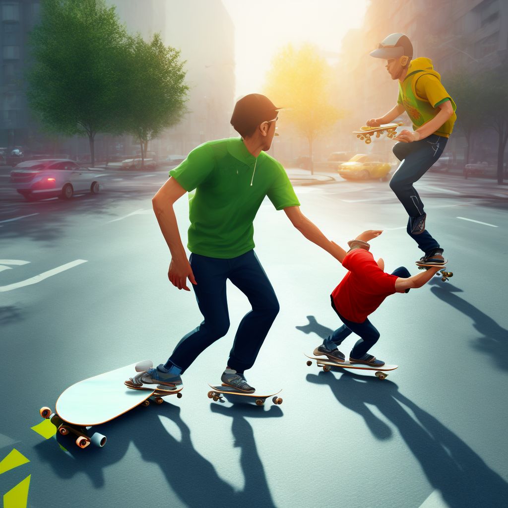 Pedestrian on foot injured in collision with skateboarder, initial encounter digital illustration