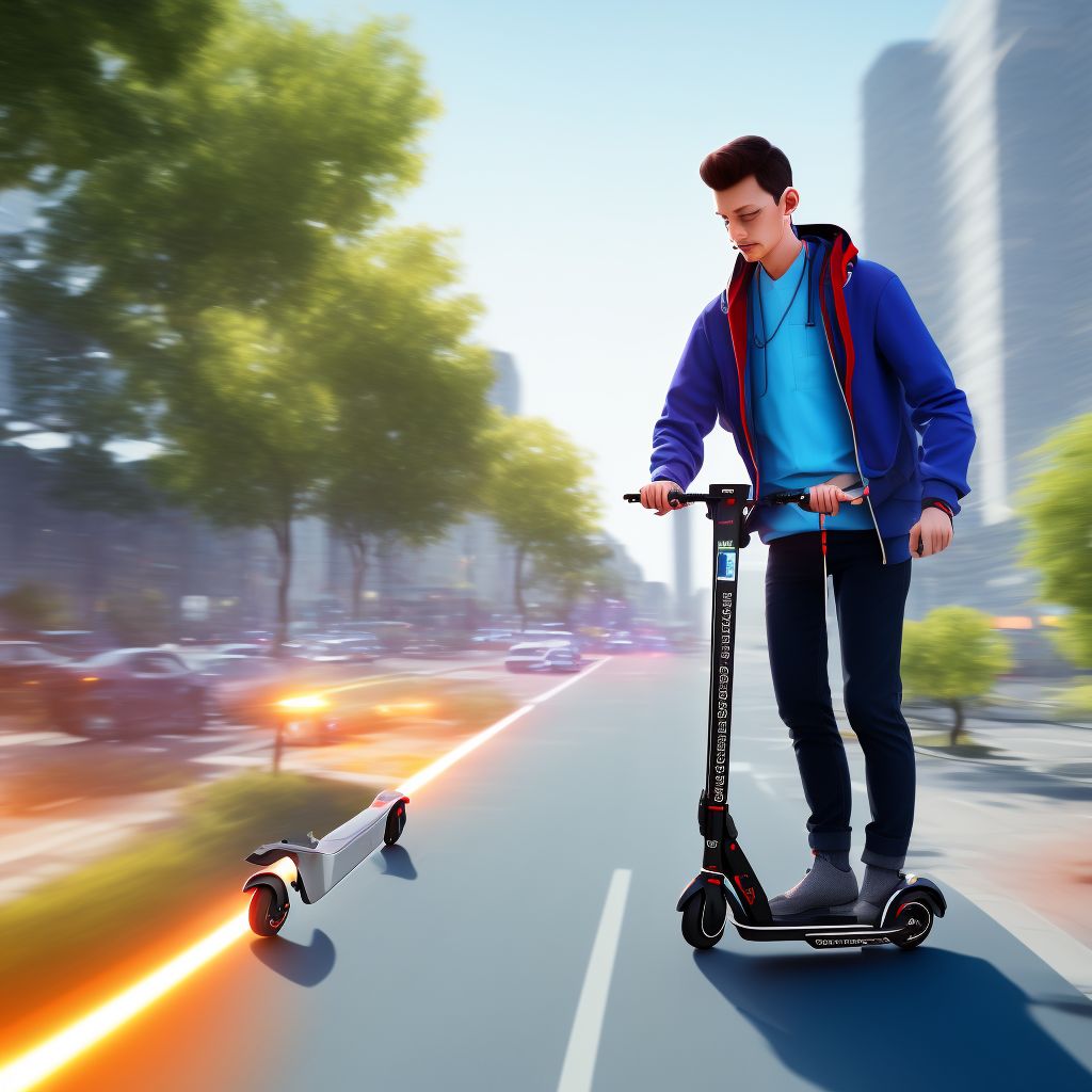 Pedestrian on foot injured in collision with rider of standing electric scooter, initial encounter digital illustration