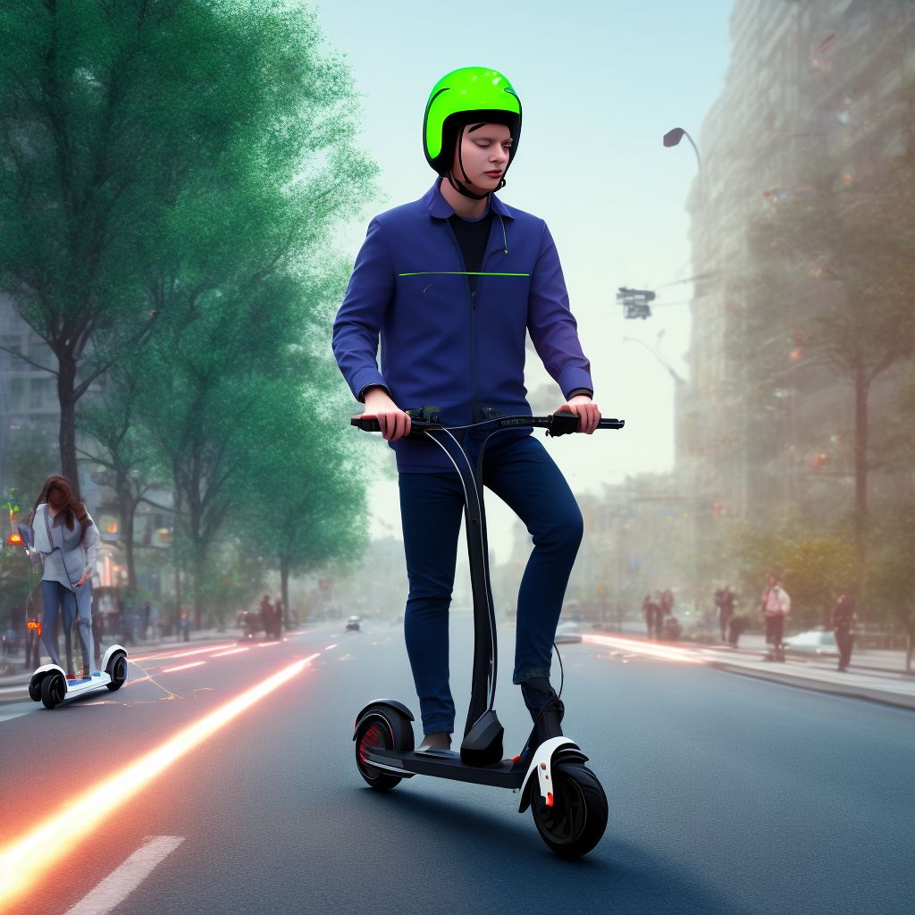 Pedestrian on foot injured in collision with rider of standing electric scooter, subsequent encounter digital illustration