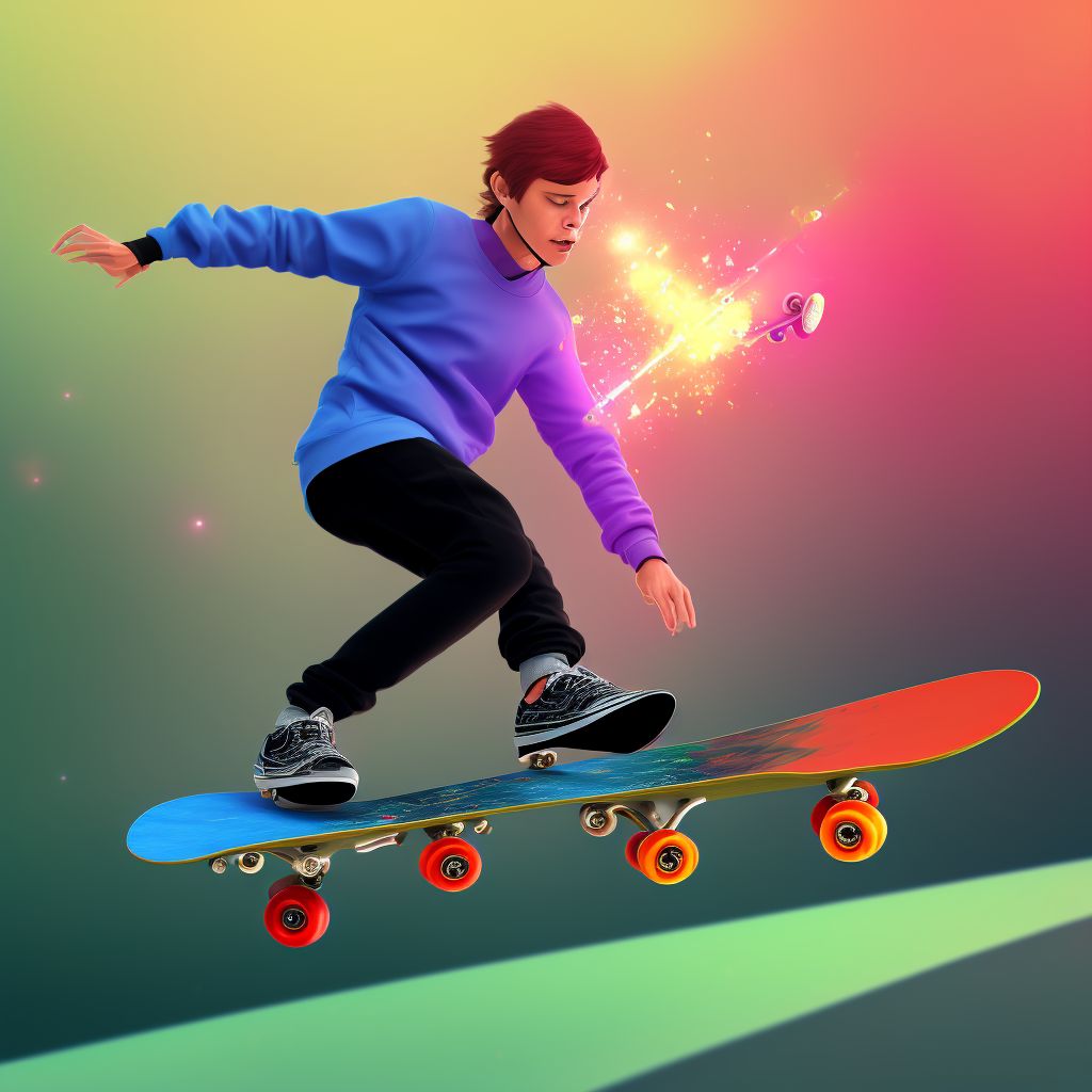 Skateboarder colliding with stationary object, initial encounter digital illustration