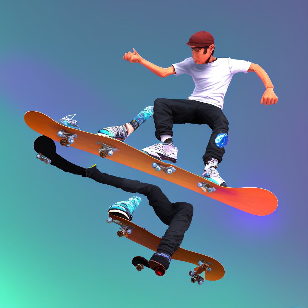 Skateboarder colliding with stationary object, sequela digital illustration