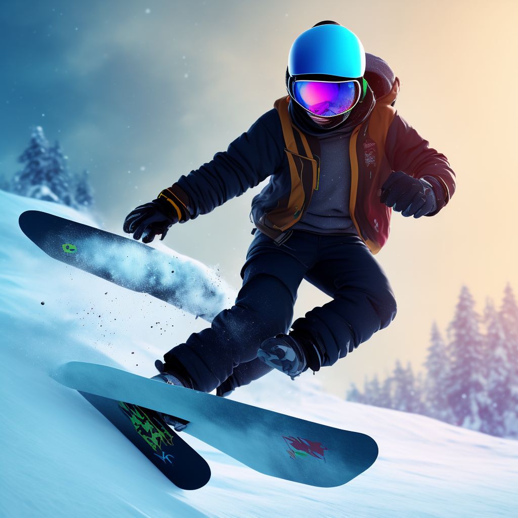 Snowboarder colliding with stationary object, initial encounter digital illustration