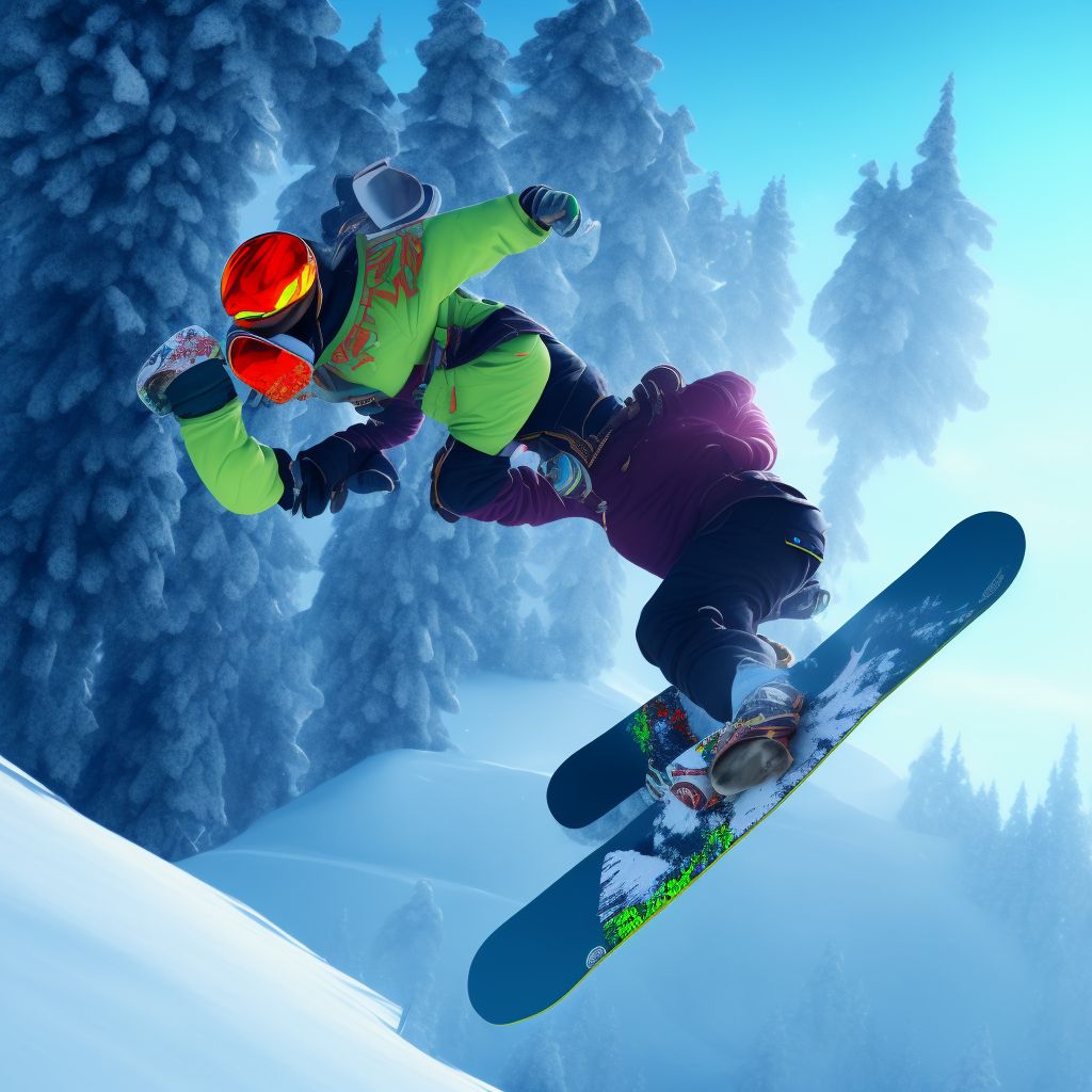 Snowboarder colliding with stationary object, subsequent encounter digital illustration