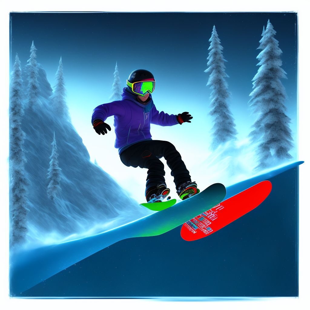 Snowboarder colliding with stationary object, sequela digital illustration