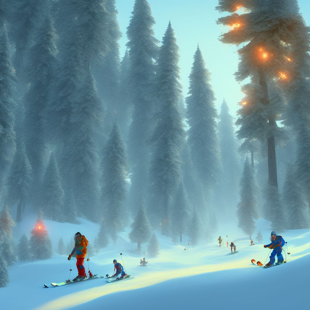 Fall from snow-skis, subsequent encounter digital illustration