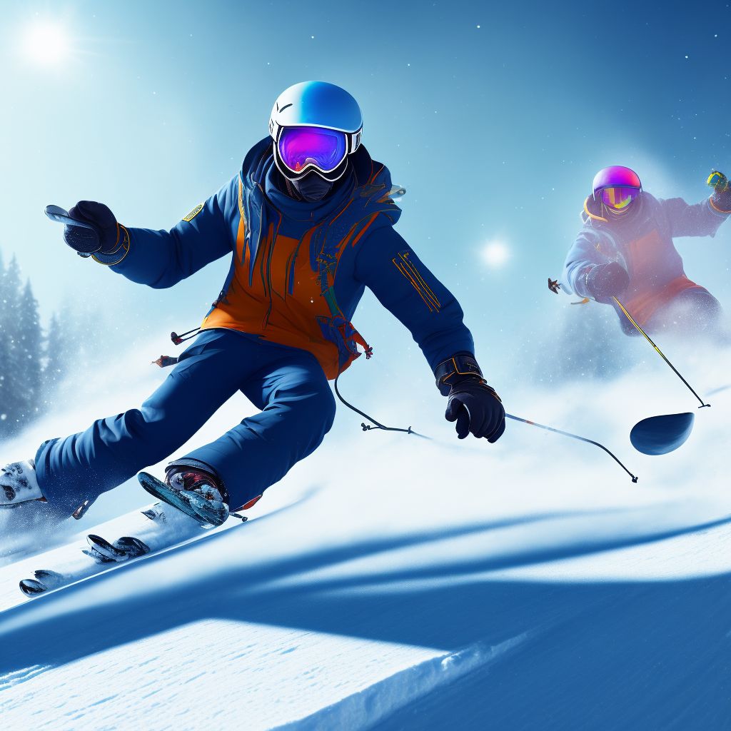 Snow-skier colliding with stationary object, initial encounter digital illustration