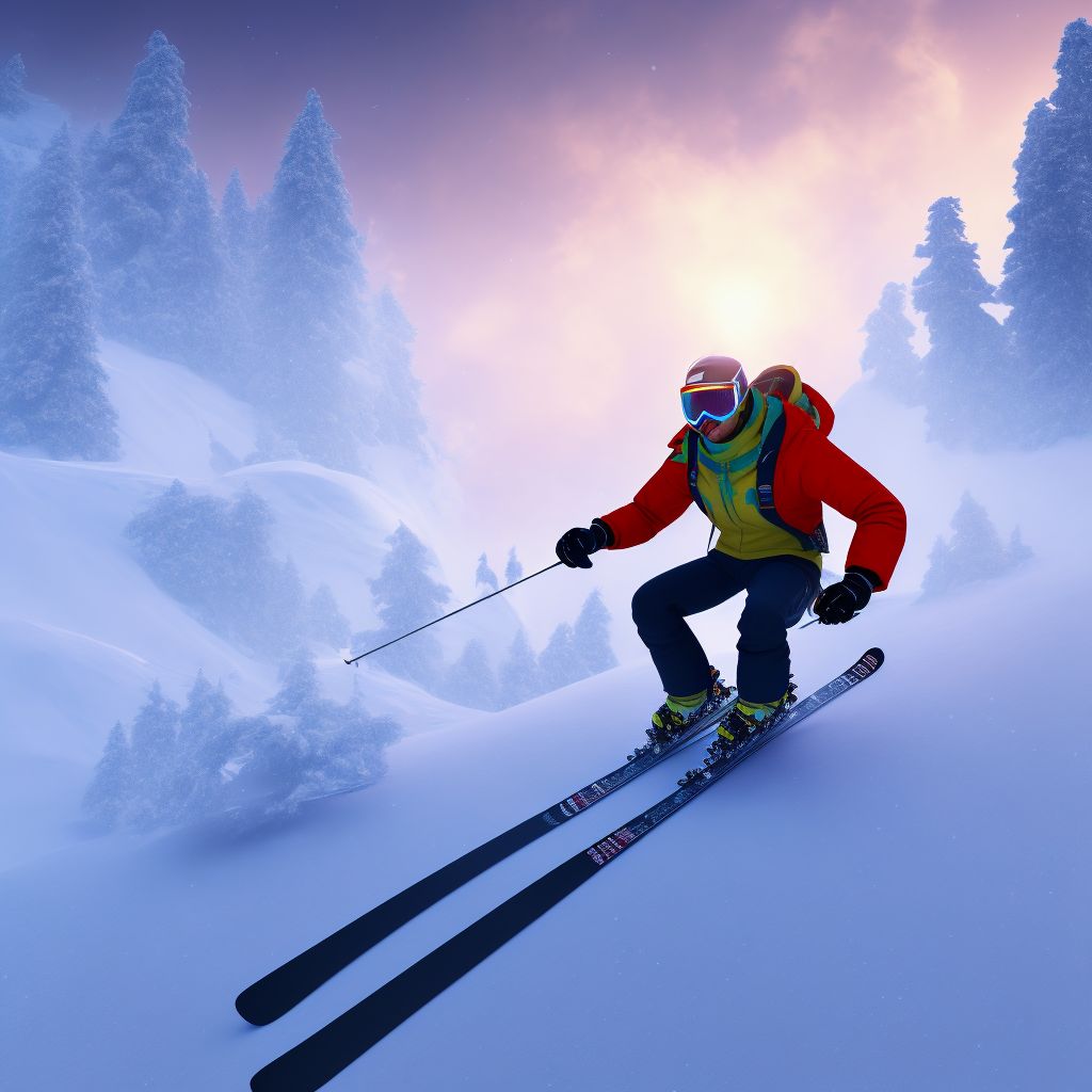 Snow-skier colliding with stationary object, subsequent encounter digital illustration