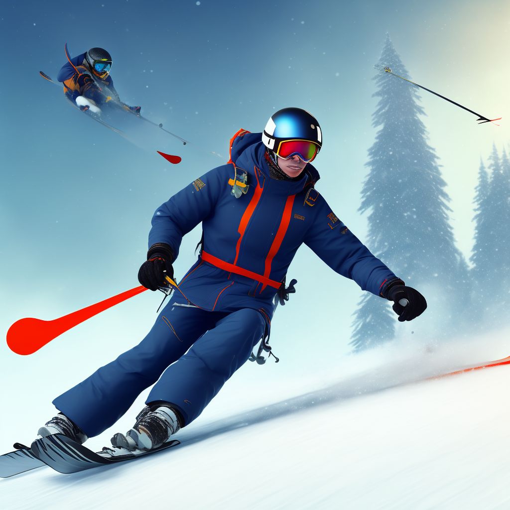 Snow-skier colliding with stationary object, sequela digital illustration