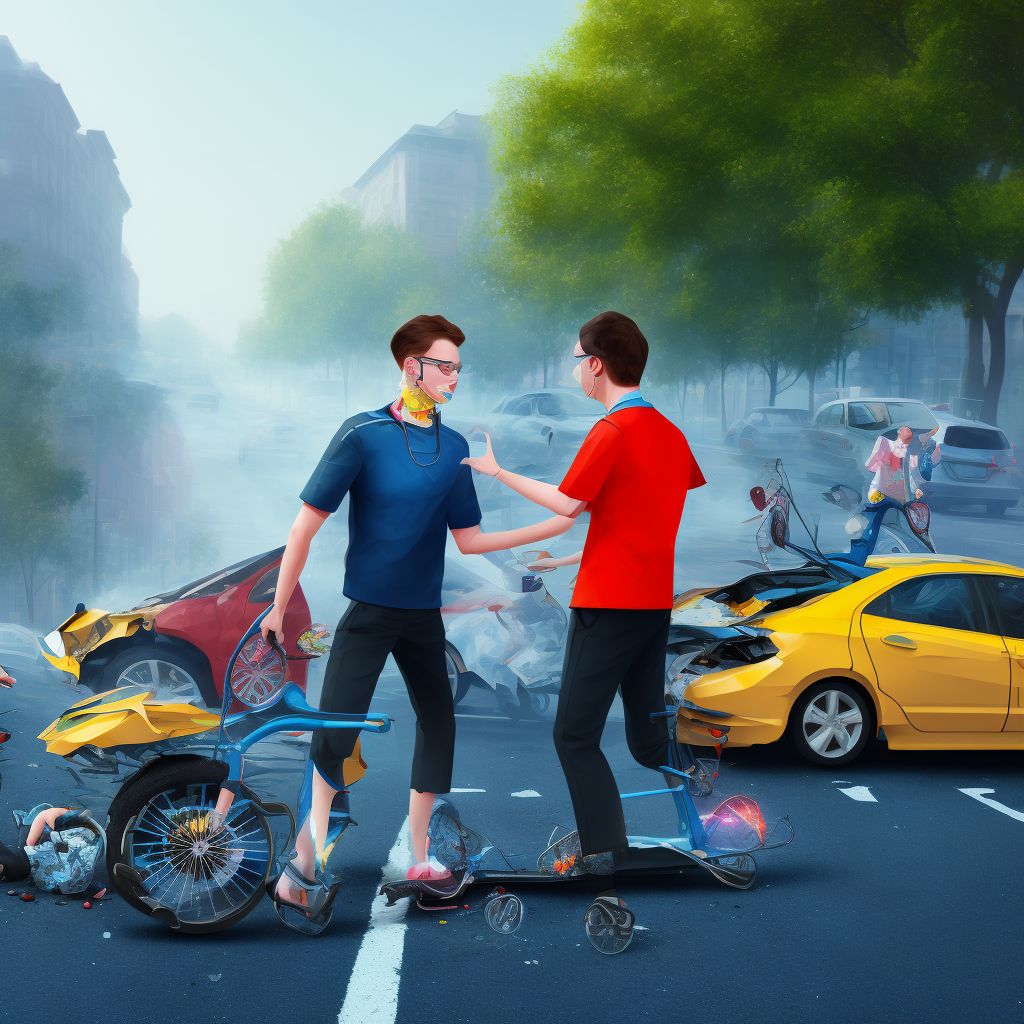 Pedestrian on foot injured in collision with pedal cycle in traffic accident, initial encounter digital illustration