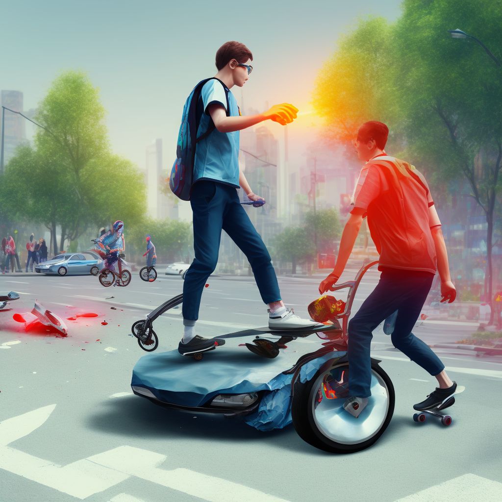 Pedestrian on skateboard injured in collision with pedal cycle in traffic accident, subsequent encounter digital illustration