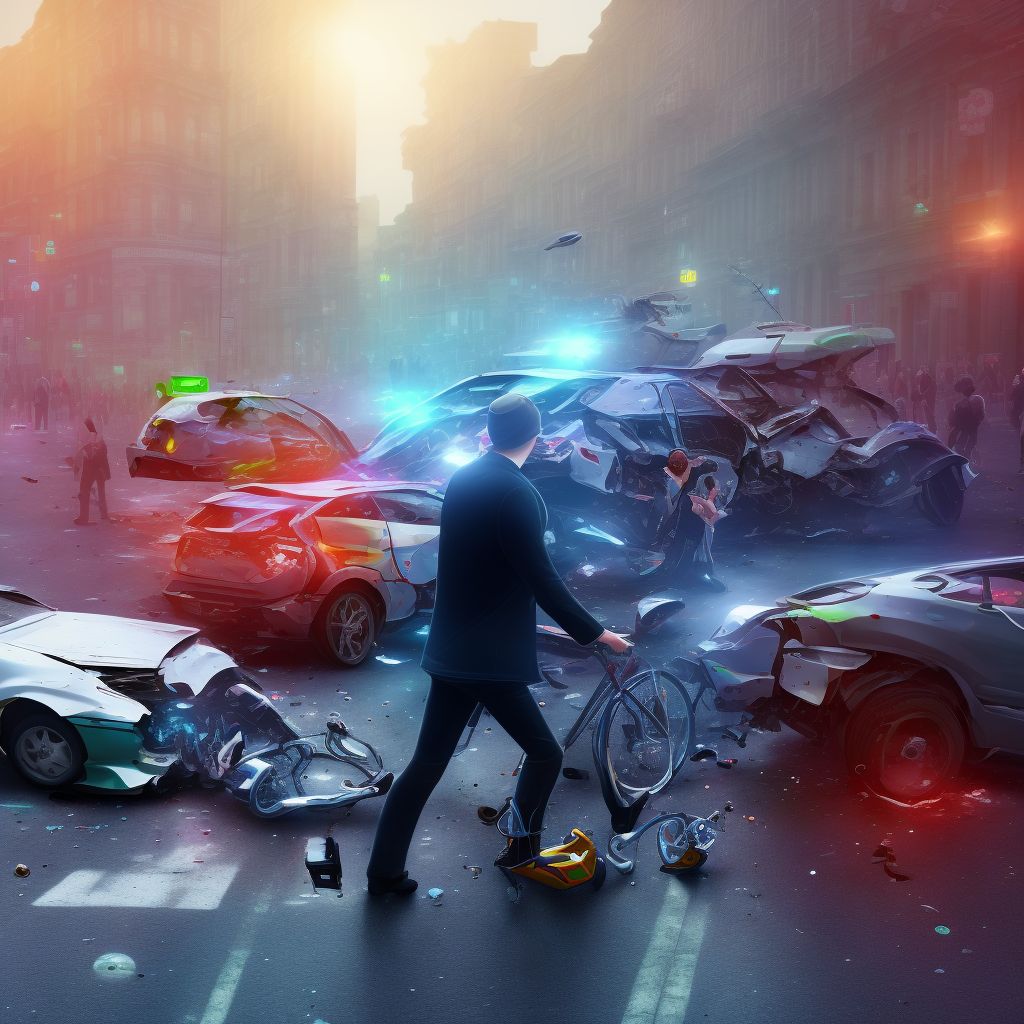 Pedestrian with other conveyance injured in collision with pedal cycle in traffic accident, initial encounter digital illustration