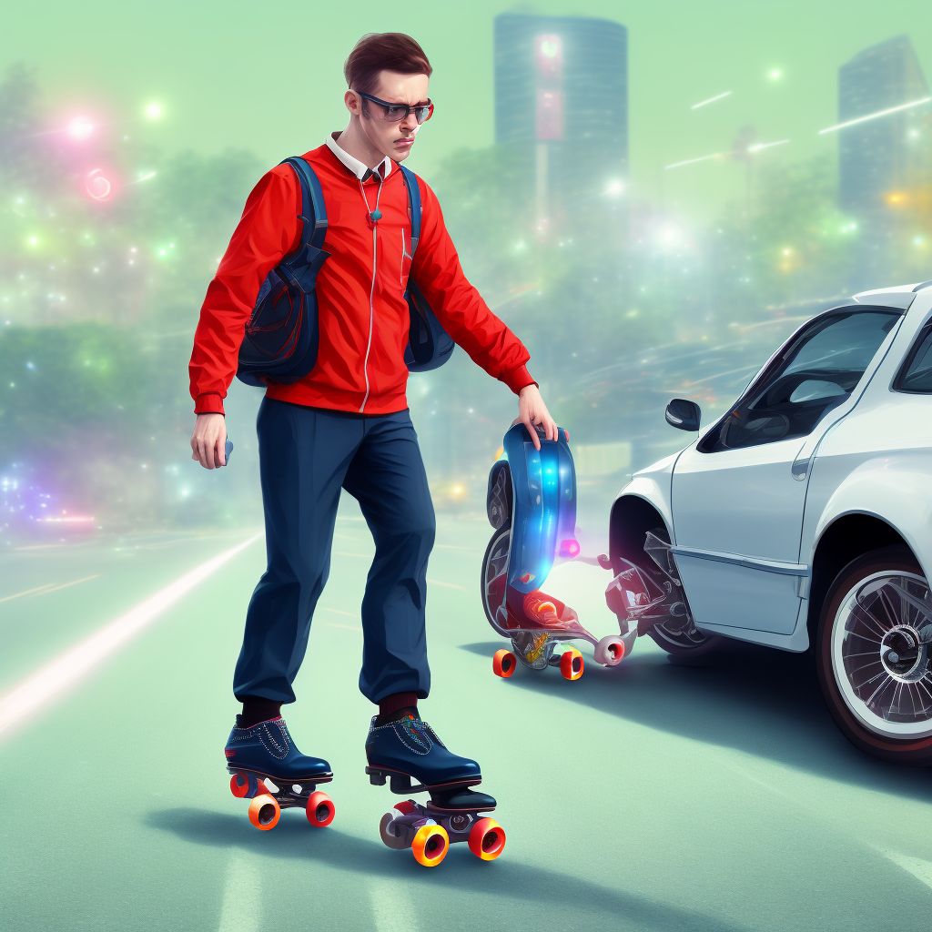 Pedestrian on roller-skates injured in collision with pedal cycle, unspecified whether traffic or nontraffic accident, subsequent encounter digital illustration