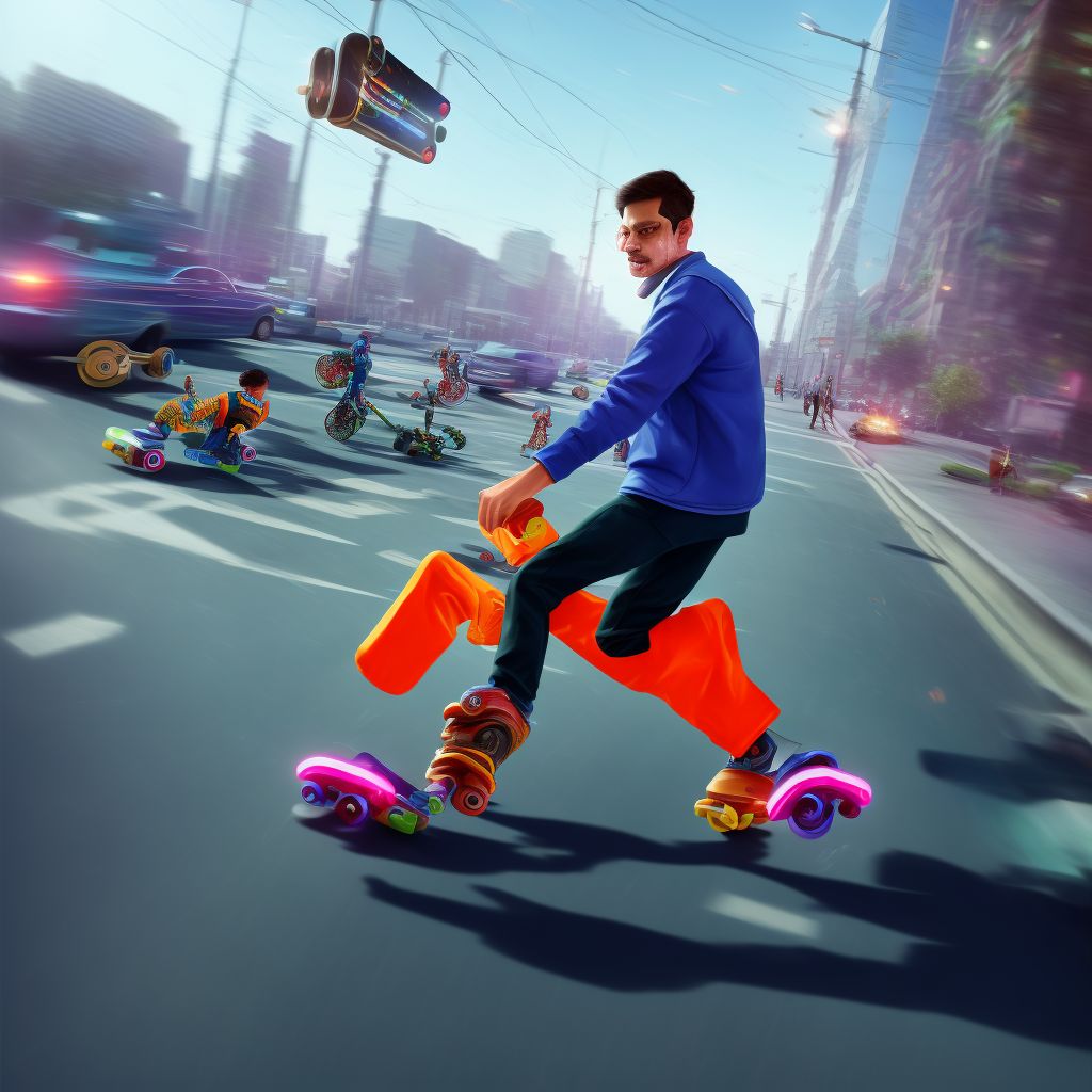 Pedestrian on roller-skates injured in collision with pedal cycle, unspecified whether traffic or nontraffic accident, sequela digital illustration