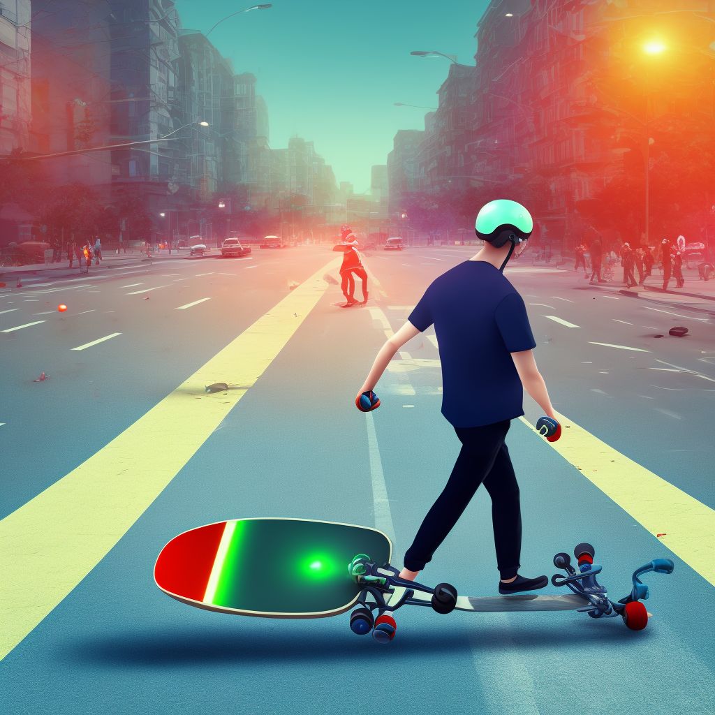 Pedestrian on skateboard injured in collision with pedal cycle, unspecified whether traffic or nontraffic accident, sequela digital illustration