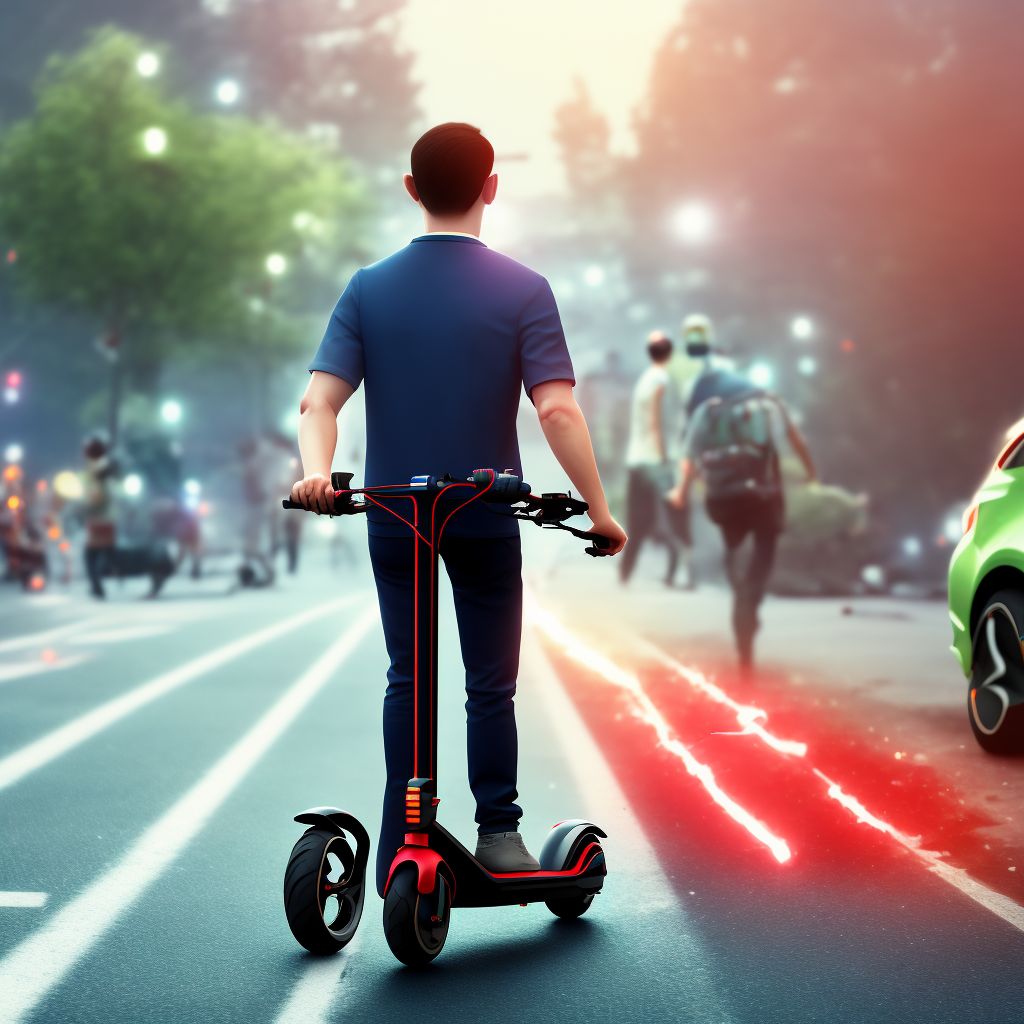 Pedestrian on standing electric scooter injured in collision with pedal cycle, unspecified whether traffic or nontraffic accident, initial encounter digital illustration