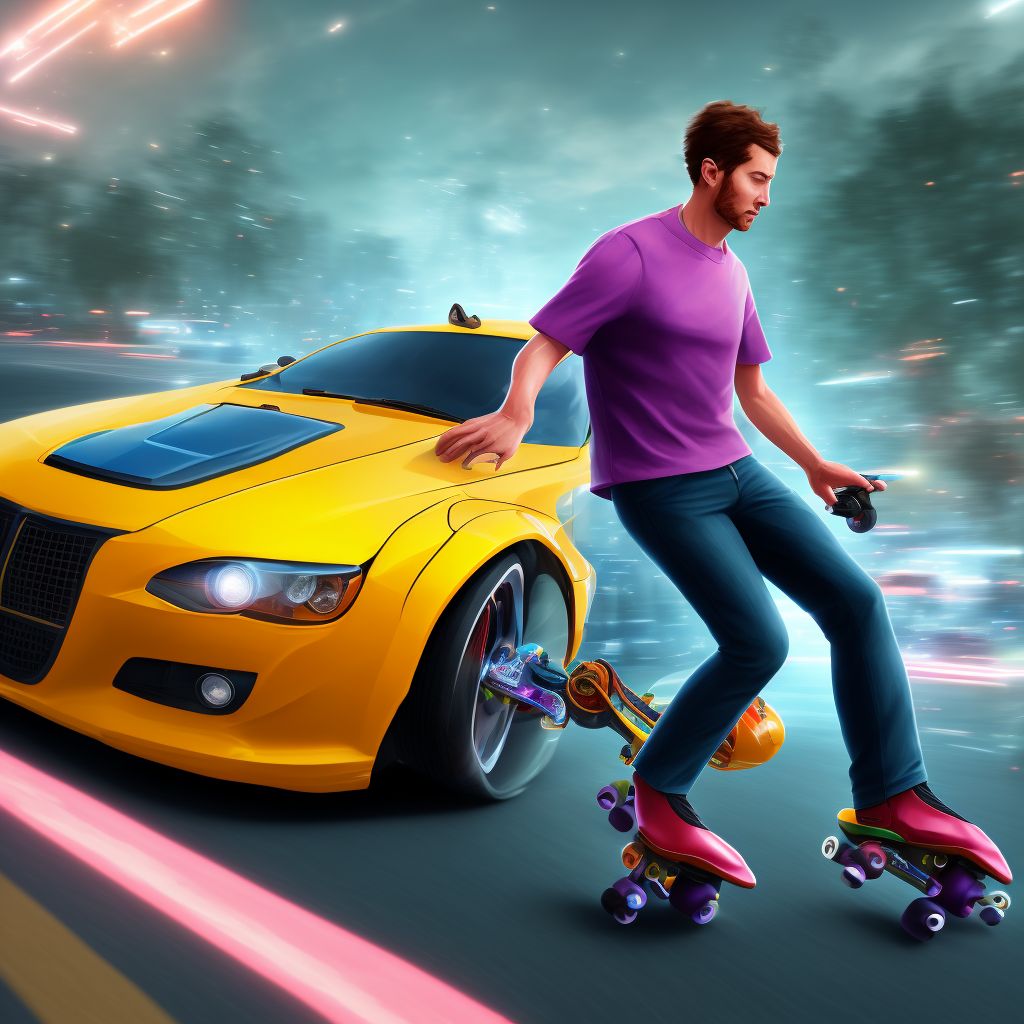 Pedestrian on roller-skates injured in collision with two- or three-wheeled motor vehicle in nontraffic accident, initial encounter digital illustration