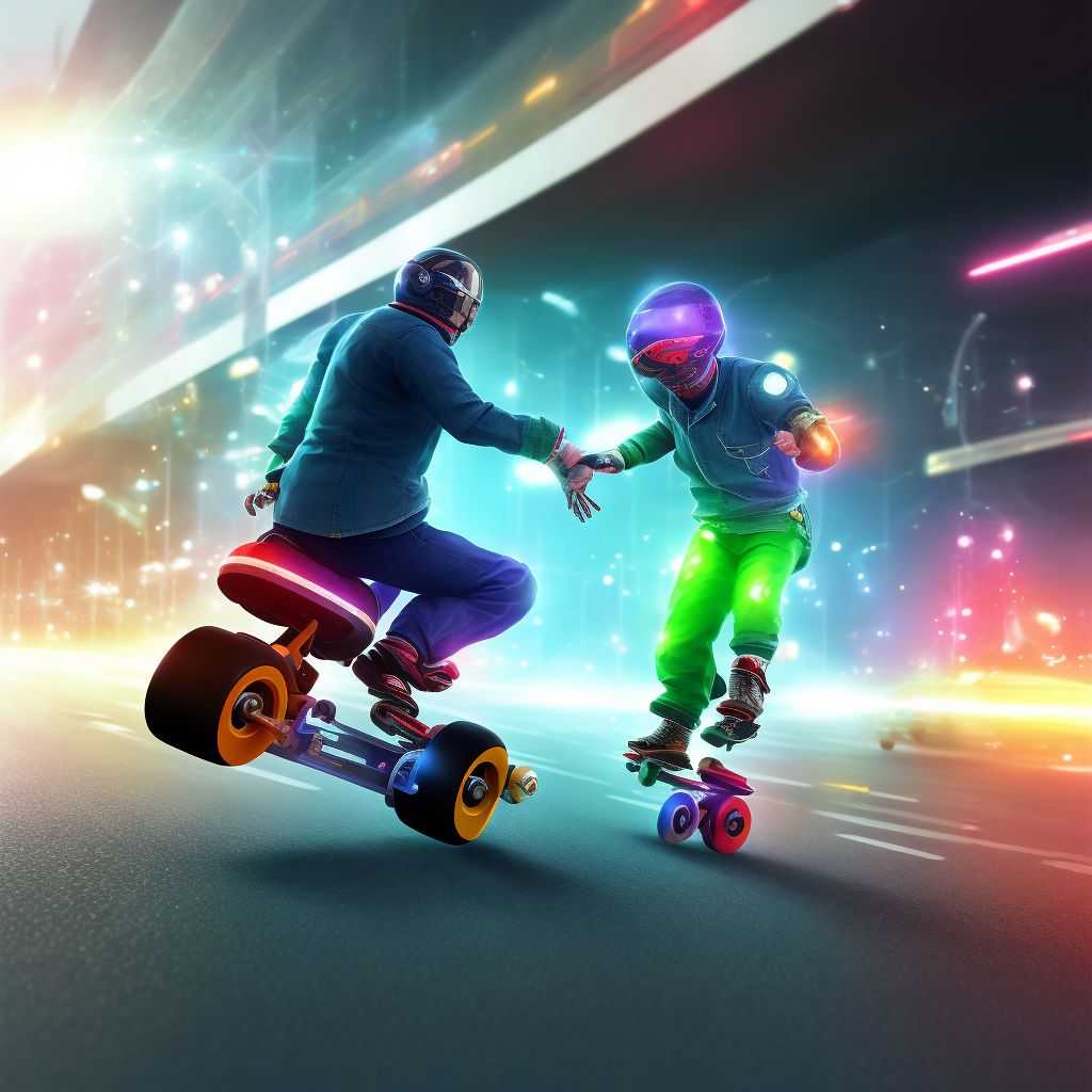 Pedestrian on roller-skates injured in collision with two- or three-wheeled motor vehicle in nontraffic accident, subsequent encounter digital illustration