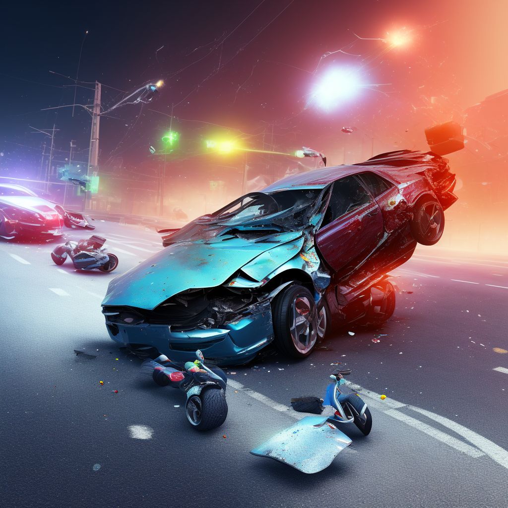 Pedestrian on skateboard injured in collision with two- or three-wheeled motor vehicle in nontraffic accident, subsequent encounter digital illustration