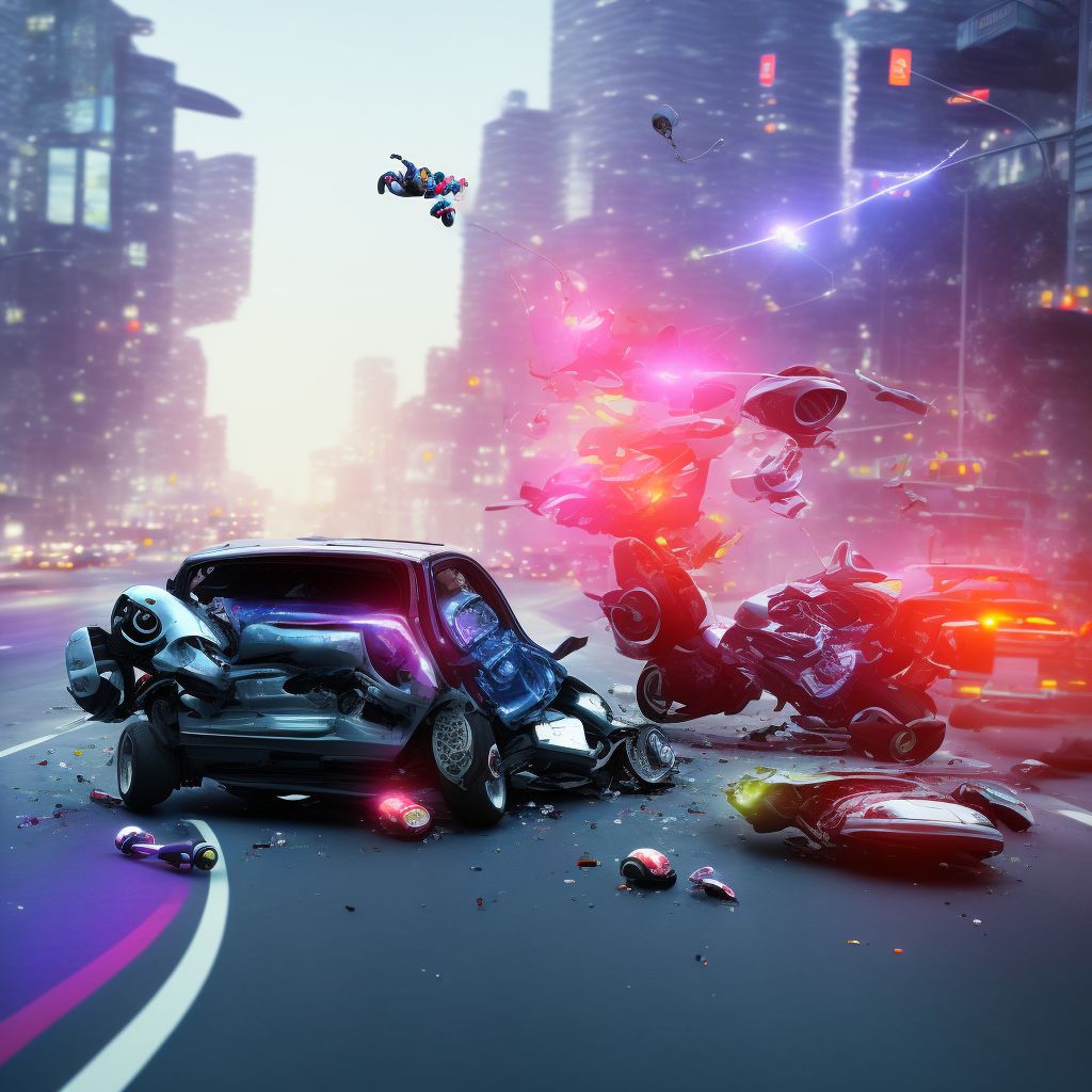 Pedestrian on roller-skates injured in collision with two- or three-wheeled motor vehicle in traffic accident, subsequent encounter digital illustration