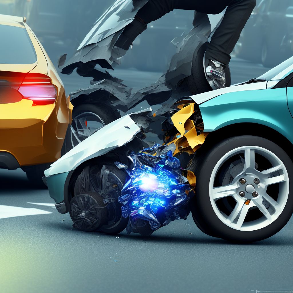 Pedestrian on skateboard injured in collision with two- or three-wheeled motor vehicle in traffic accident, subsequent encounter digital illustration