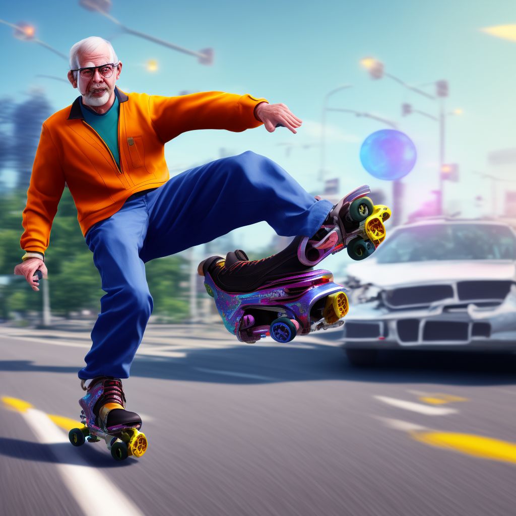 Pedestrian on roller-skates injured in collision with two- or three-wheeled motor vehicle, unspecified whether traffic or nontraffic accident, sequela digital illustration