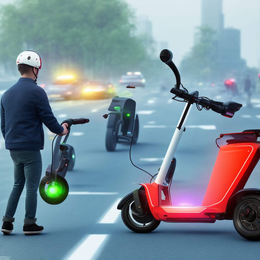 Pedestrian on standing electric scooter injured in collision with two- or three wheeled motor vehicle, unspecified whether traffic or nontraffic accident, subsequent encounter digital illustration