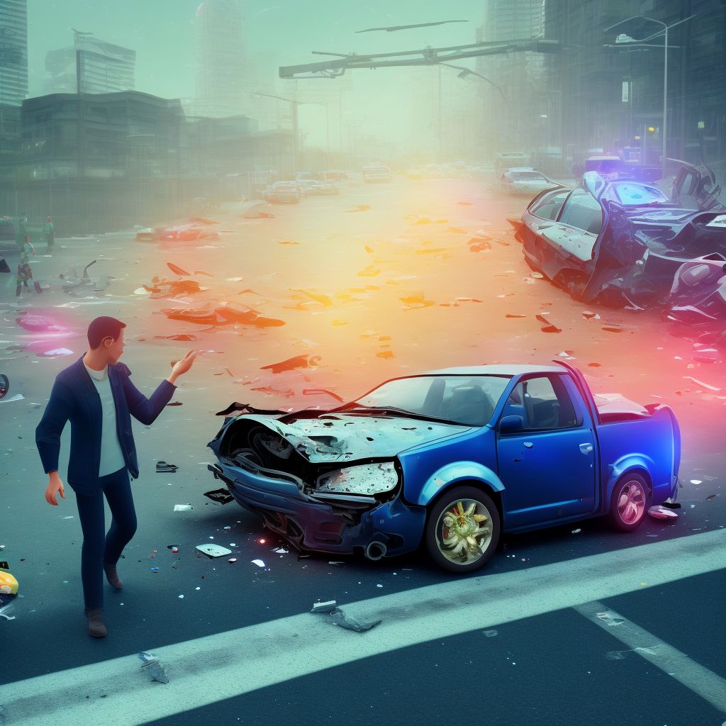 Pedestrian with other conveyance injured in collision with car, pick-up truck or van in traffic accident, subsequent encounter digital illustration