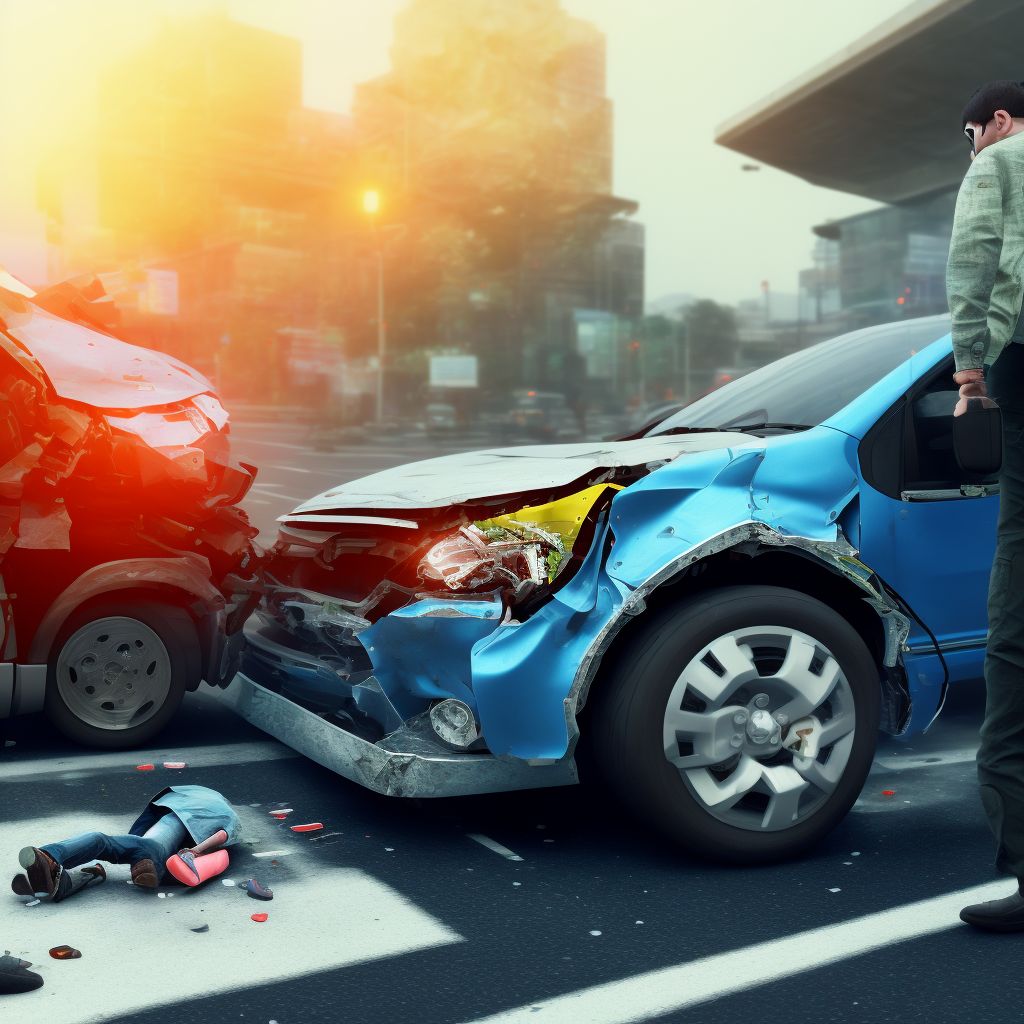 Pedestrian on foot injured in collision with car, pick-up truck or van, unspecified whether traffic or nontraffic accident, subsequent encounter digital illustration