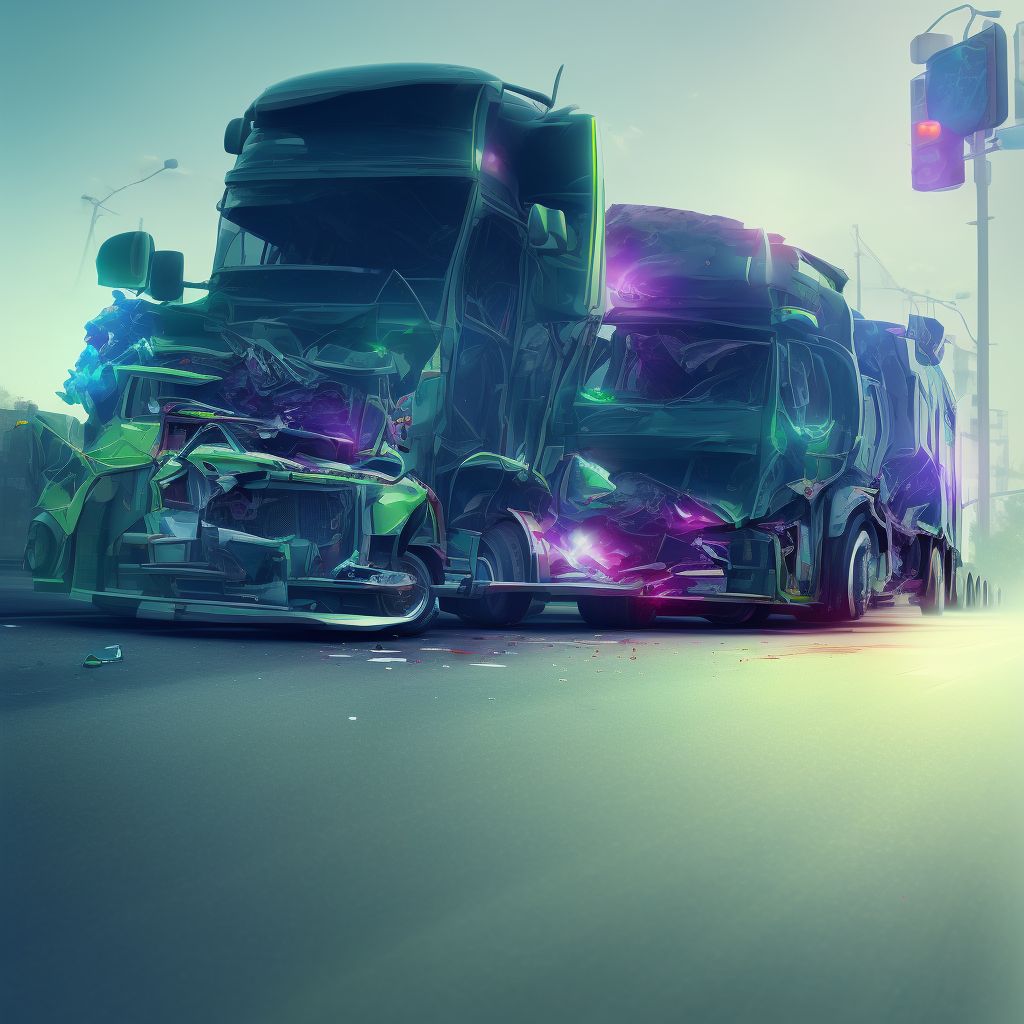 Pedestrian on skateboard injured in collision with heavy transport vehicle or bus in nontraffic accident, initial encounter digital illustration