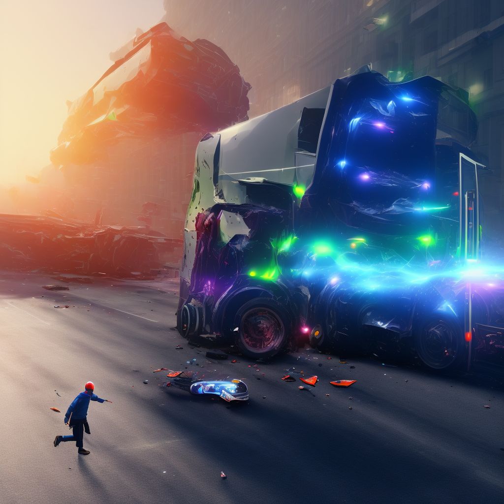 Pedestrian on skateboard injured in collision with heavy transport vehicle or bus in nontraffic accident, subsequent encounter digital illustration