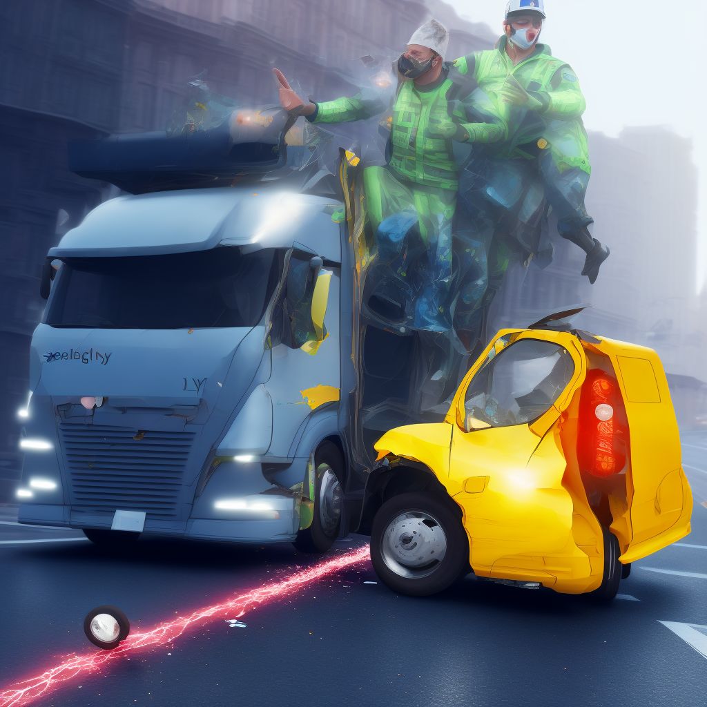 Pedestrian on skateboard injured in collision with heavy transport vehicle or bus in nontraffic accident, sequela digital illustration