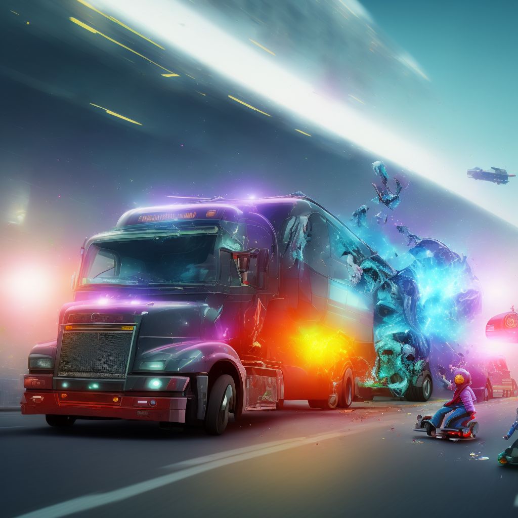 Pedestrian on roller-skates injured in collision with heavy transport vehicle or bus in traffic accident, subsequent encounter digital illustration