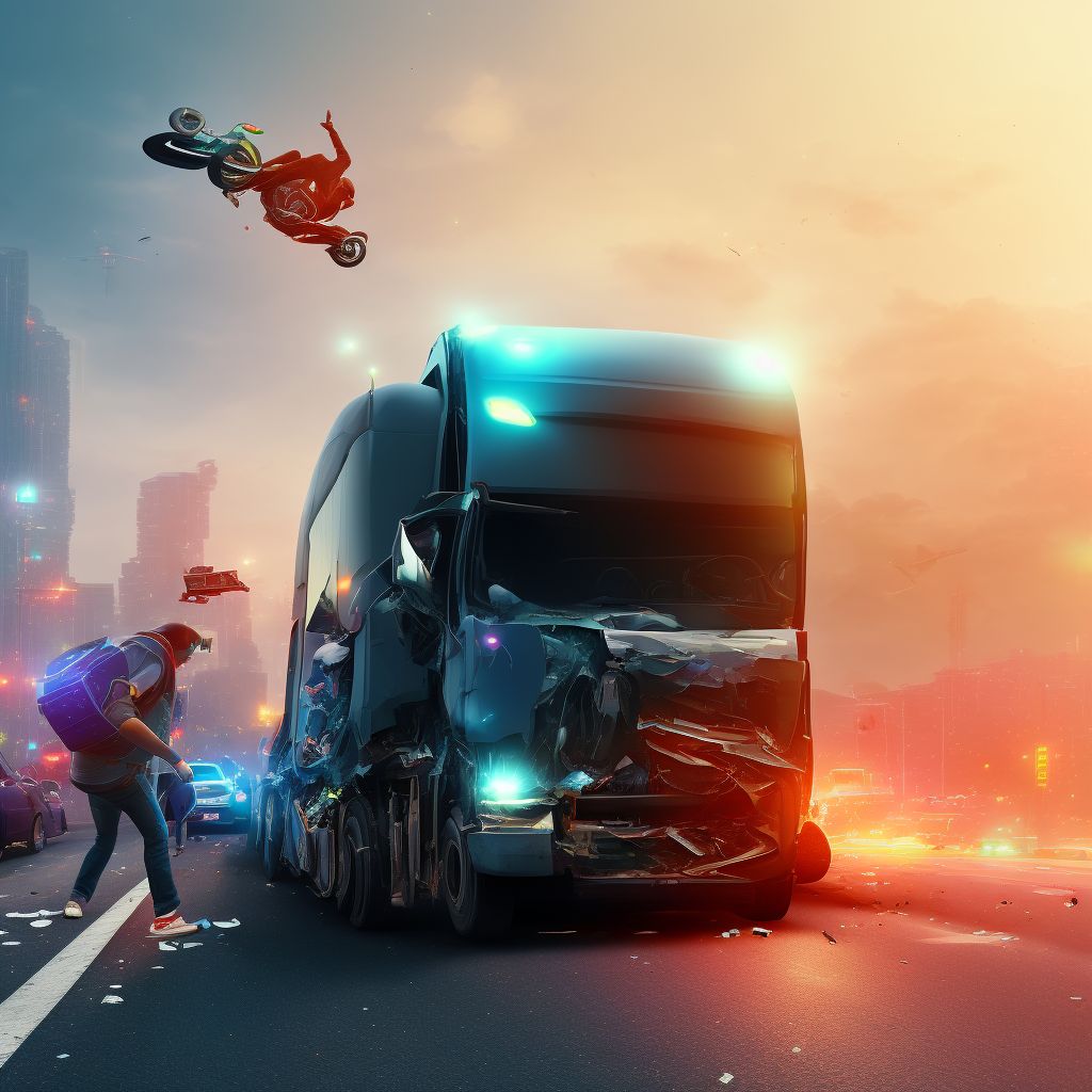 Pedestrian on skateboard injured in collision with heavy transport vehicle or bus in traffic accident, initial encounter digital illustration