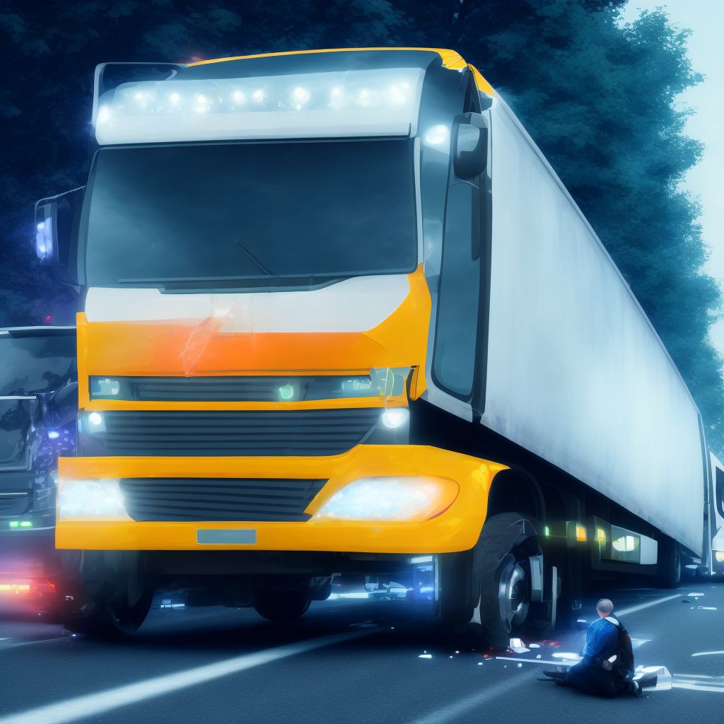 Pedestrian on foot injured in collision with heavy transport vehicle or bus, unspecified whether traffic or nontraffic accident, subsequent encounter digital illustration