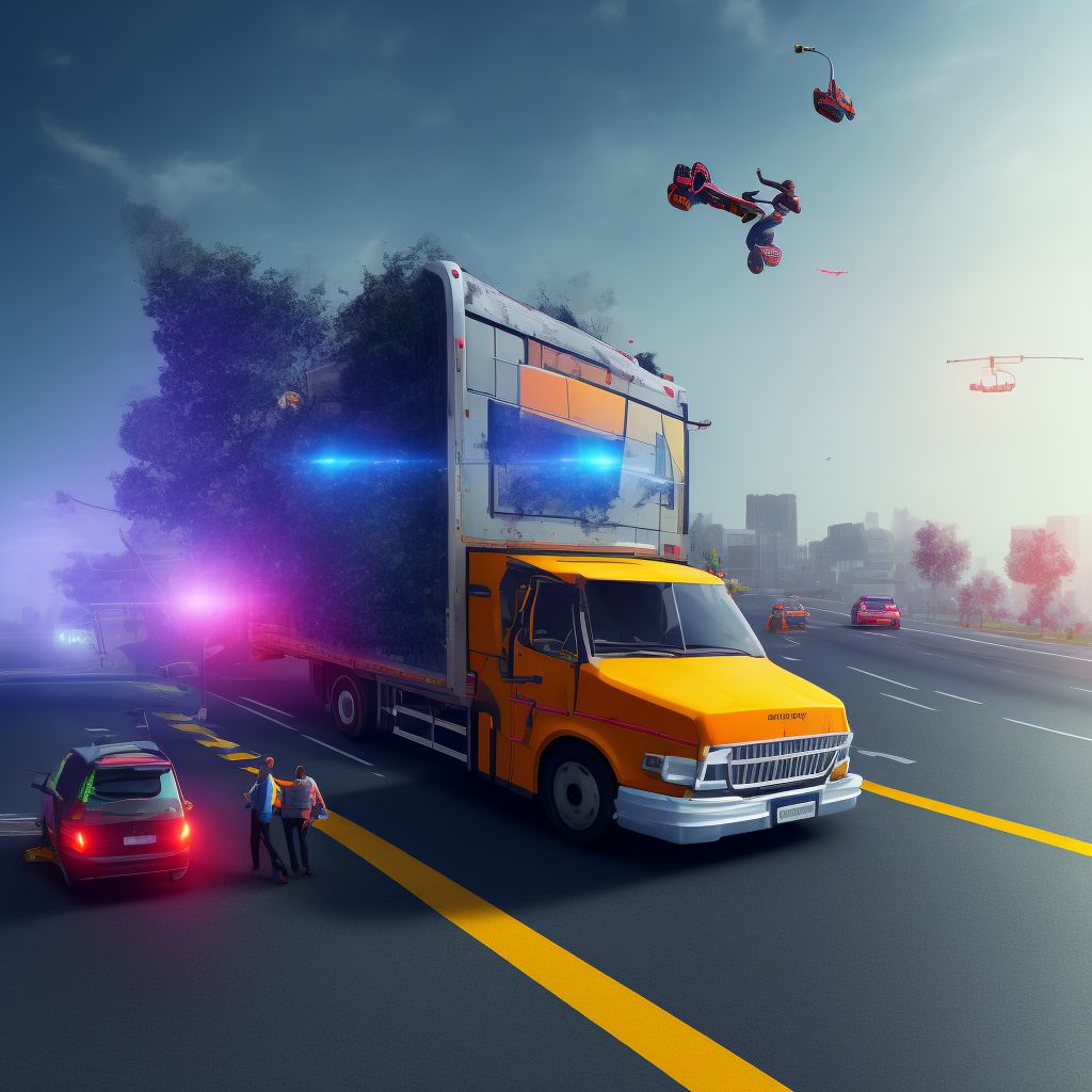 Pedestrian on skateboard injured in collision with heavy transport vehicle or bus, unspecified whether traffic or nontraffic accident, subsequent encounter digital illustration