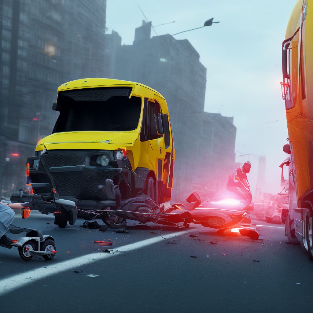 Pedestrian on standing electric scooter injured in collision with heavy transport vehicle or bus, unspecified whether traffic or nontraffic accident, sequela digital illustration