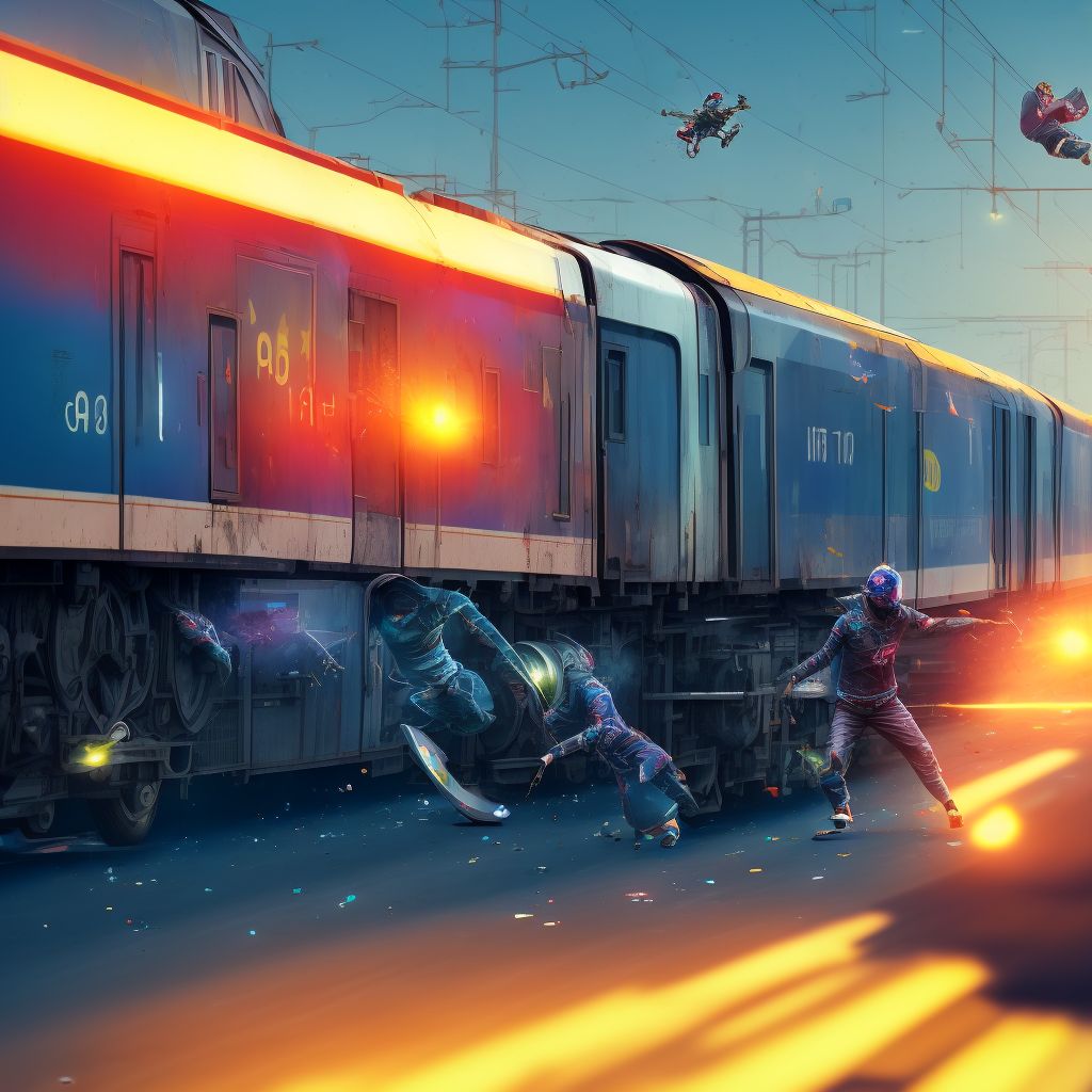 Pedestrian on skateboard injured in collision with railway train or railway vehicle in nontraffic accident, subsequent encounter digital illustration