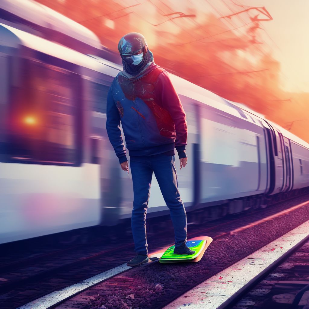 Pedestrian on skateboard injured in collision with railway train or railway vehicle in nontraffic accident, sequela digital illustration