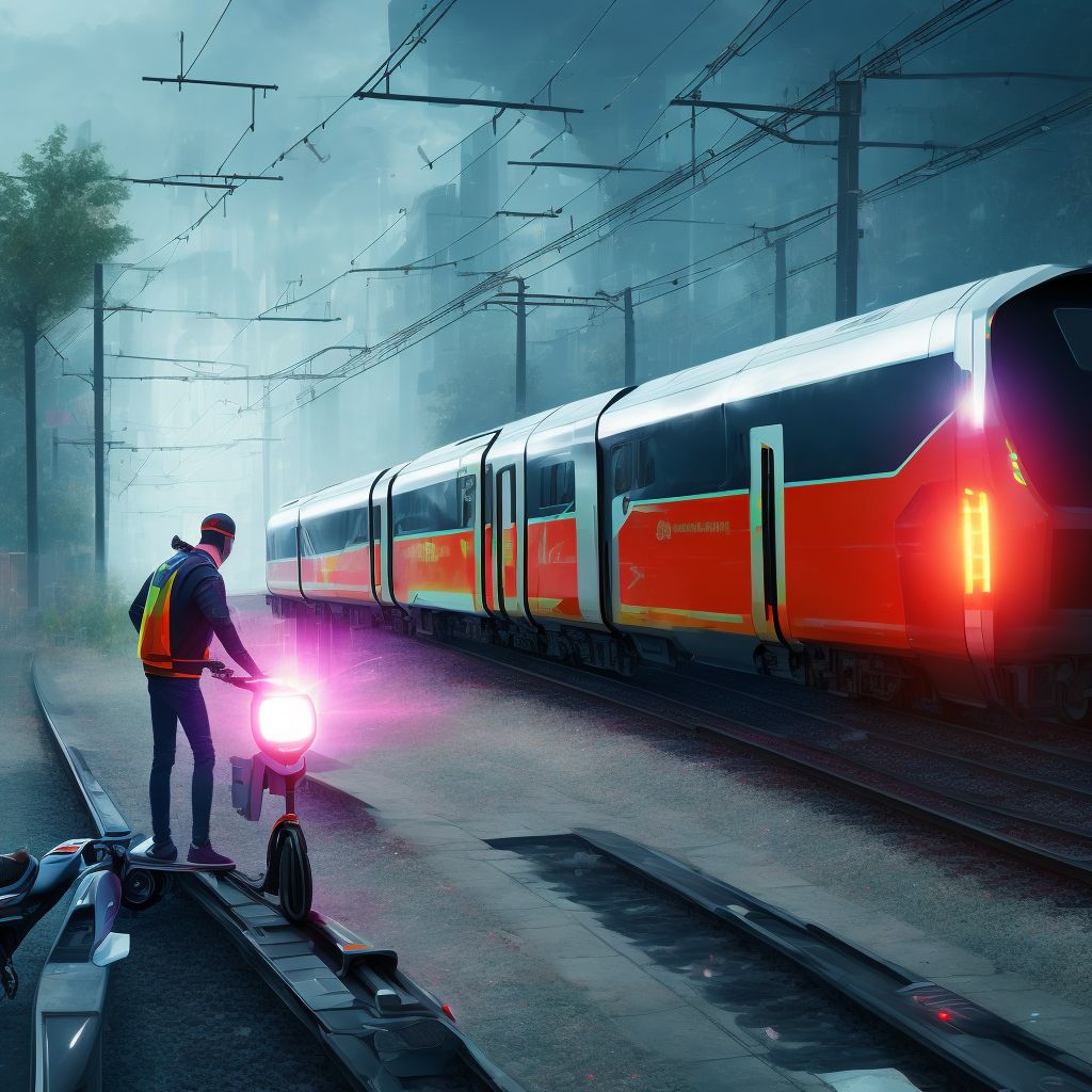 Pedestrian on standing electric scooter injured in collision with railway train or railway vehicle in nontraffic accident, initial encounter digital illustration